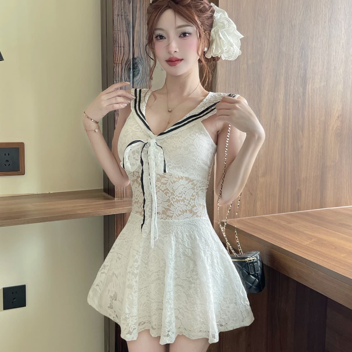 실사 프랑스식 품격 해군 칼라 레이스 드레스 순수한 욕망 바람 허리 수축 슬림해 보이는 우산 진자 치마 이미지 5