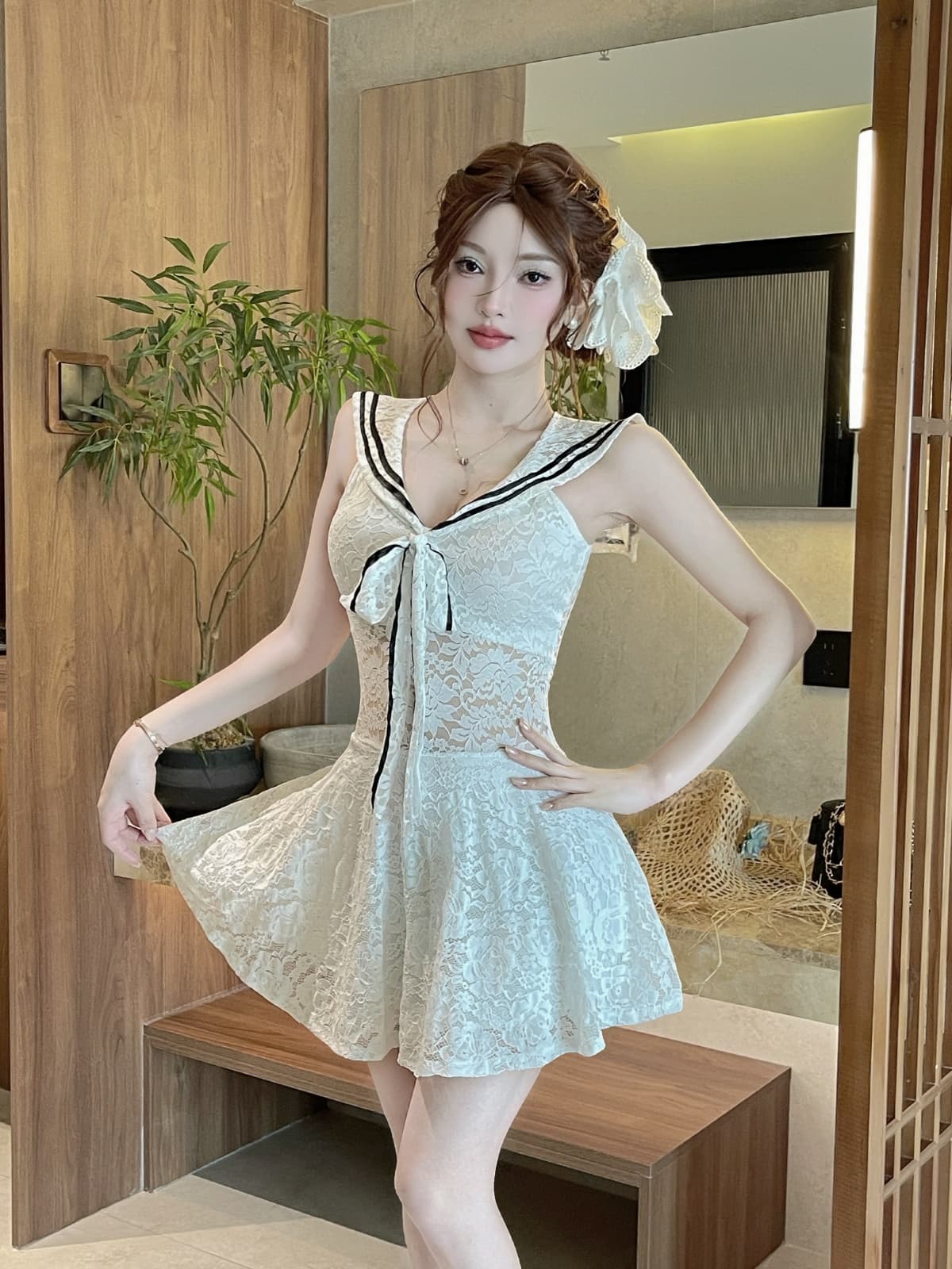실사 프랑스식 품격 해군 칼라 레이스 드레스 순수한 욕망 바람 허리 수축 슬림해 보이는 우산 진자 치마 상세 이미지 15