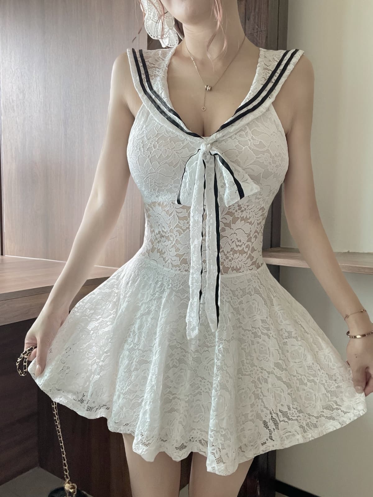 실사 프랑스식 품격 해군 칼라 레이스 드레스 순수한 욕망 바람 허리 수축 슬림해 보이는 우산 진자 치마 상세 이미지 17