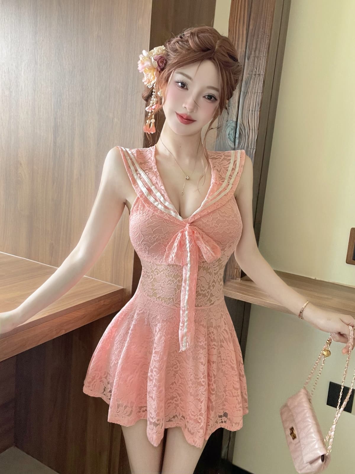 실사 프랑스식 품격 해군 칼라 레이스 드레스 순수한 욕망 바람 허리 수축 슬림해 보이는 우산 진자 치마 상세 이미지 21