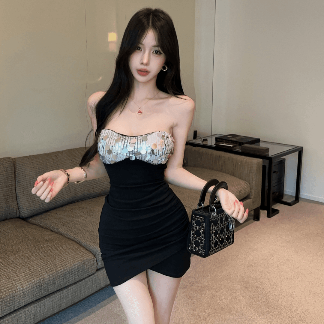 실사 섹시함 핫걸 스팽글 패치워크 튜브탑 타이트 스커트 드레스 허리 수축 슬림해 보이는 배색 포장 가슴 치마 이미지 2