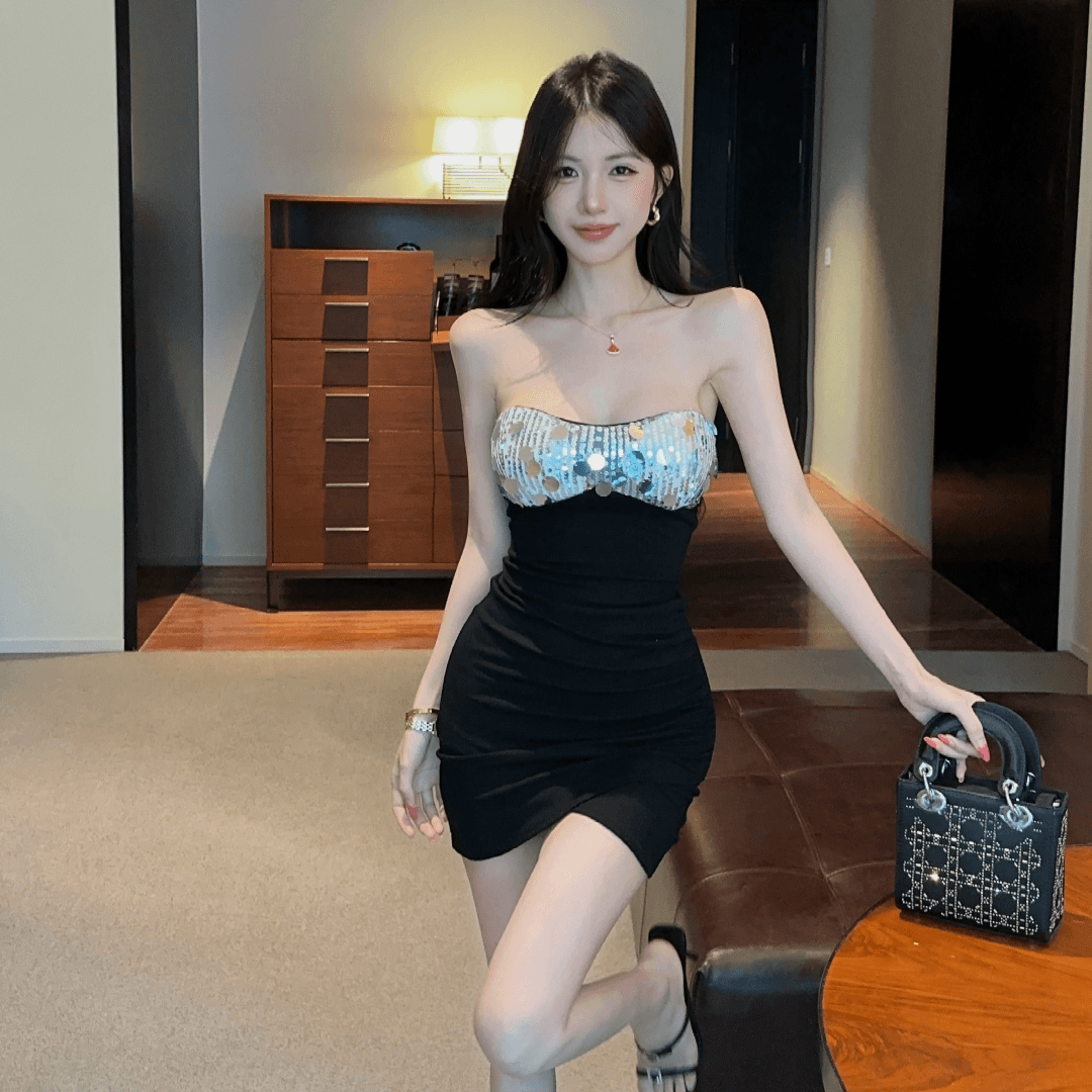 실사 섹시함 핫걸 스팽글 패치워크 튜브탑 타이트 스커트 드레스 허리 수축 슬림해 보이는 배색 포장 가슴 치마 이미지 5