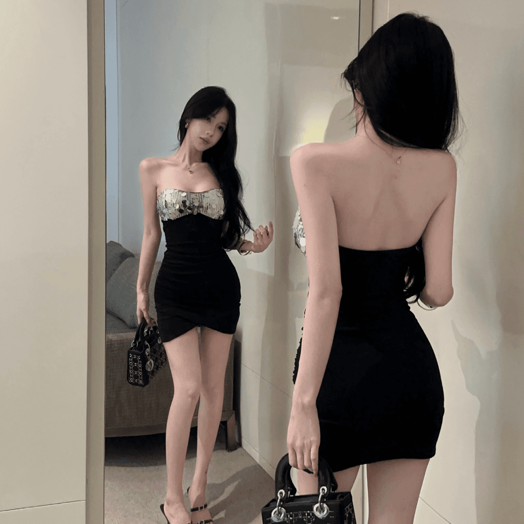 실사 섹시함 핫걸 스팽글 패치워크 튜브탑 타이트 스커트 드레스 허리 수축 슬림해 보이는 배색 포장 가슴 치마 상세 이미지 3