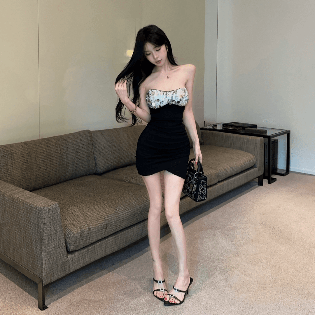 실사 섹시함 핫걸 스팽글 패치워크 튜브탑 타이트 스커트 드레스 허리 수축 슬림해 보이는 배색 포장 가슴 치마 상세 이미지 11