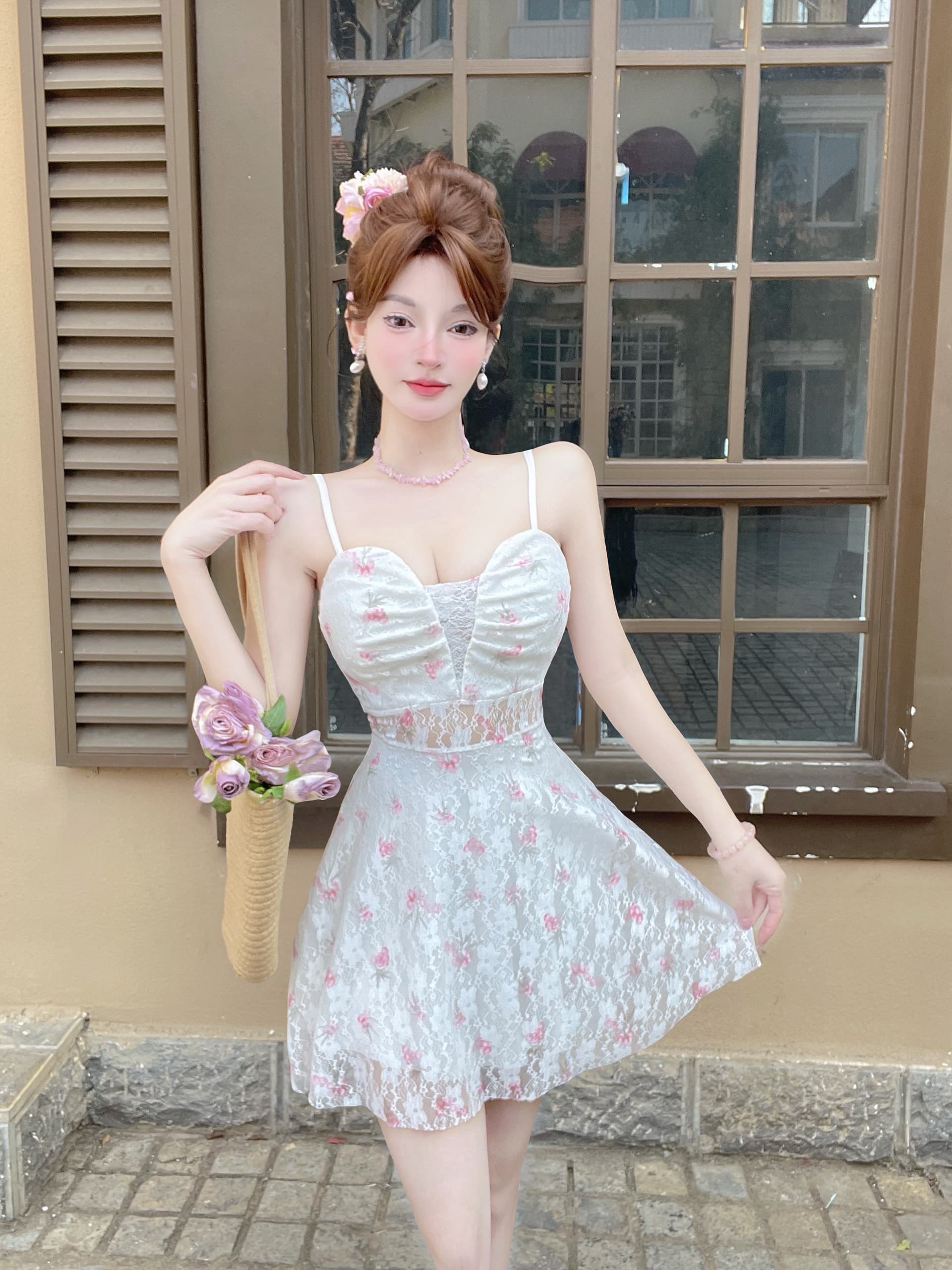실사 꽃무늬 달콤함 슬림해 보이는 품격 레이스 허리 수축 드레스 상세 이미지 5