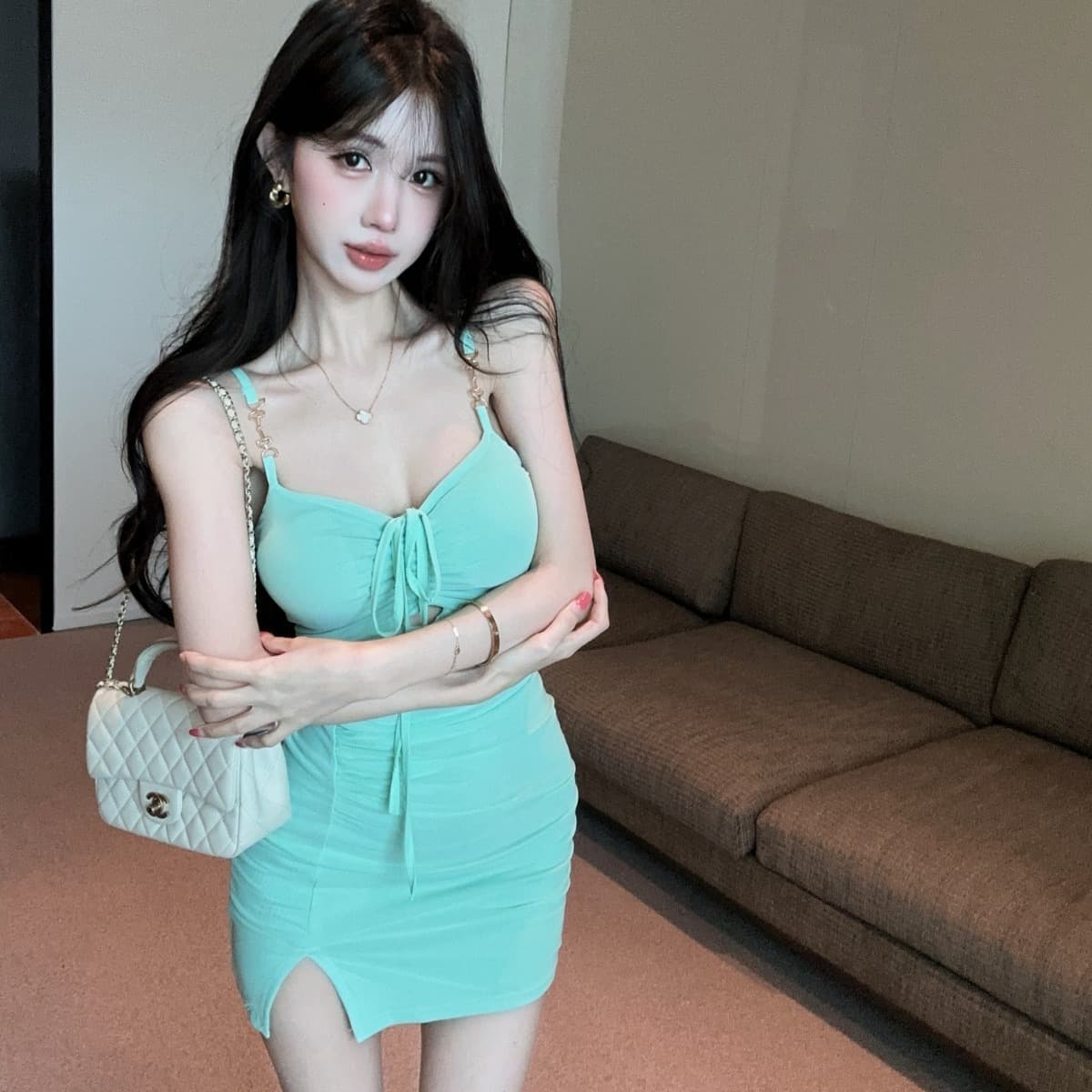 실사 순수한 욕망 바람 핫걸 홀로우 아웃 튜브탑 행침 목 슬립 드레스 이미지 5