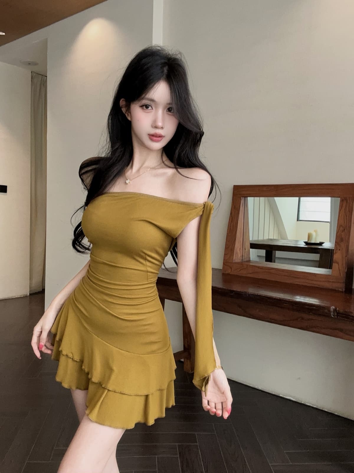 실사 섹시함 프릴 비스듬한 어깨 타이트 스커트 쇼트 스타일 드레스 복장 상세 이미지 13