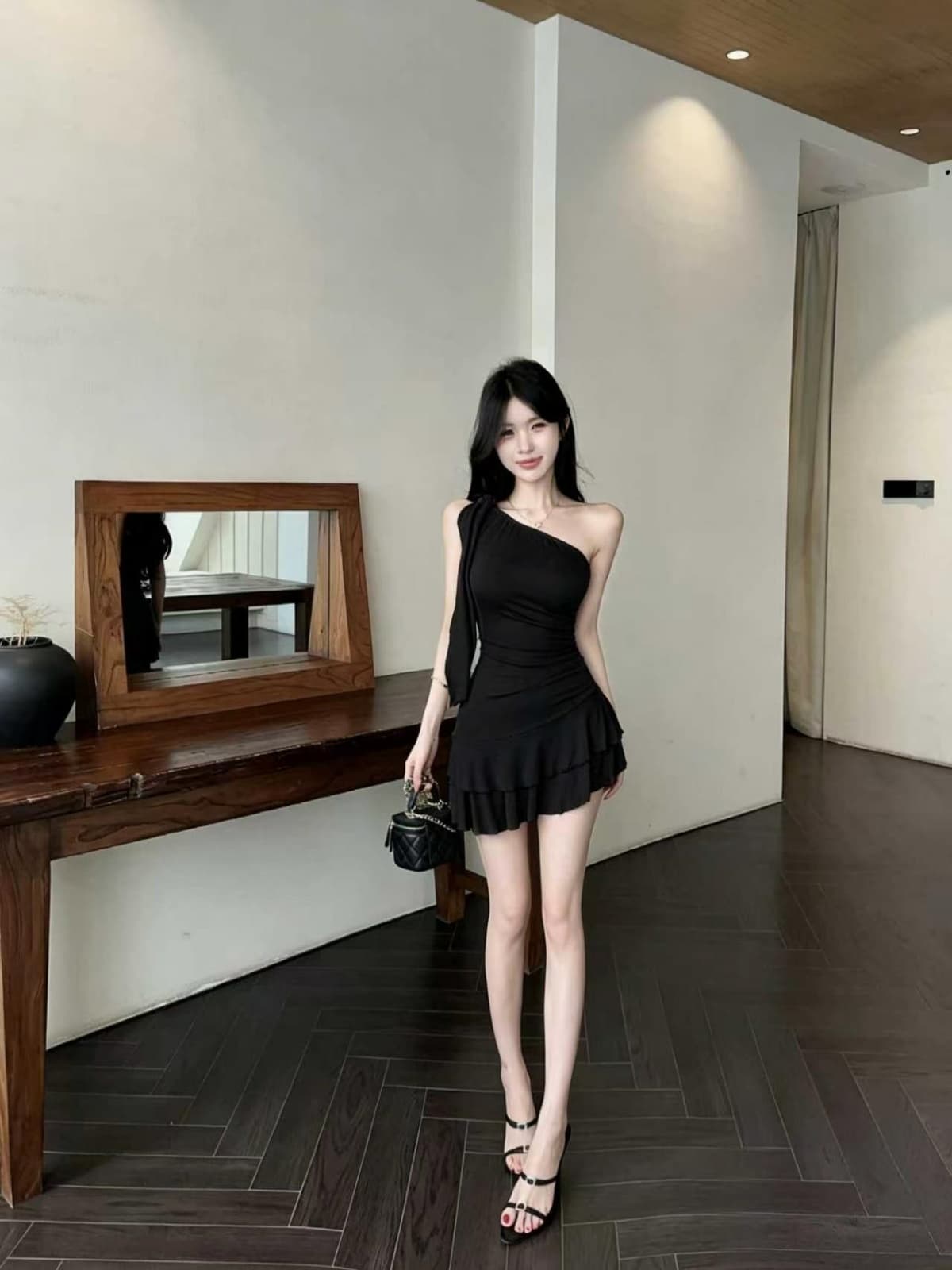 실사 섹시함 프릴 비스듬한 어깨 타이트 스커트 쇼트 스타일 드레스 복장 상세 이미지 18