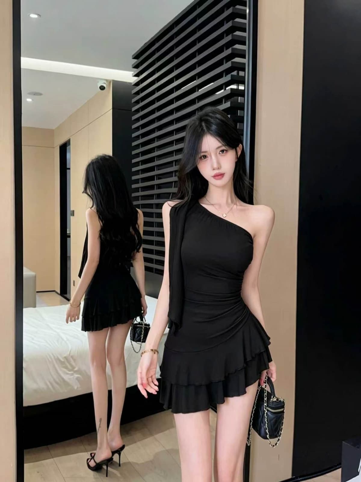 실사 섹시함 프릴 비스듬한 어깨 타이트 스커트 쇼트 스타일 드레스 복장 상세 이미지 19