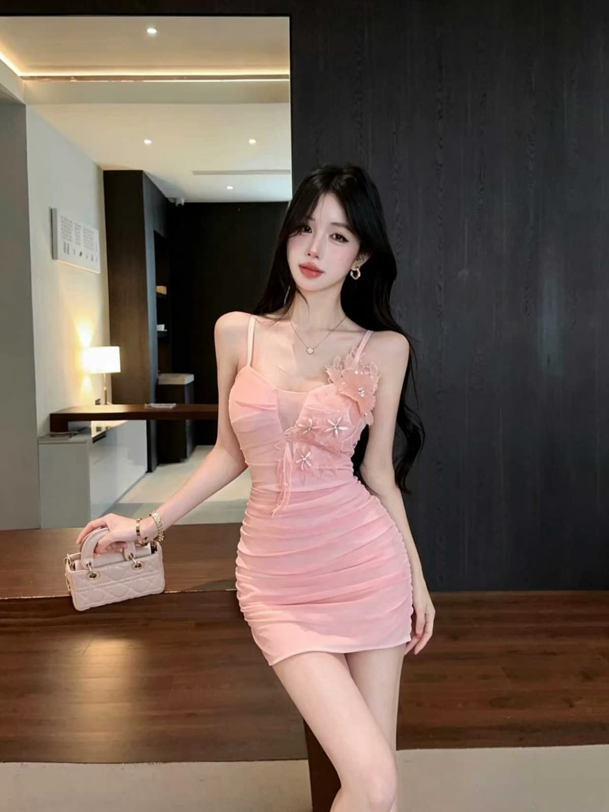 실사 홀로우 아웃 망사 주름 몸매 가꾸기 슬림해 보이는 타이트 스커트 슬립 드레스 미니 스커트 상세 이미지 1