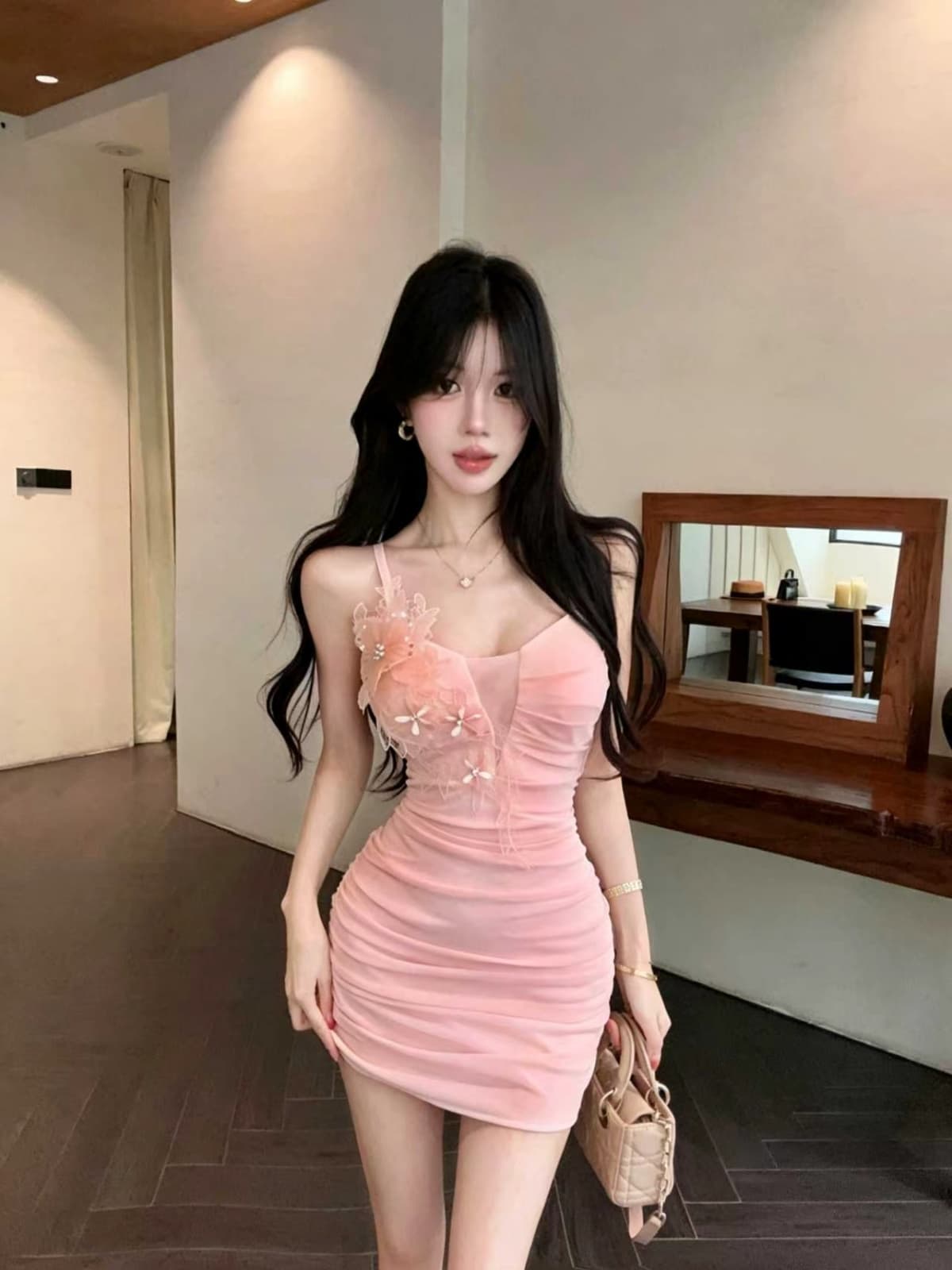 실사 홀로우 아웃 망사 주름 몸매 가꾸기 슬림해 보이는 타이트 스커트 슬립 드레스 미니 스커트 상세 이미지 3