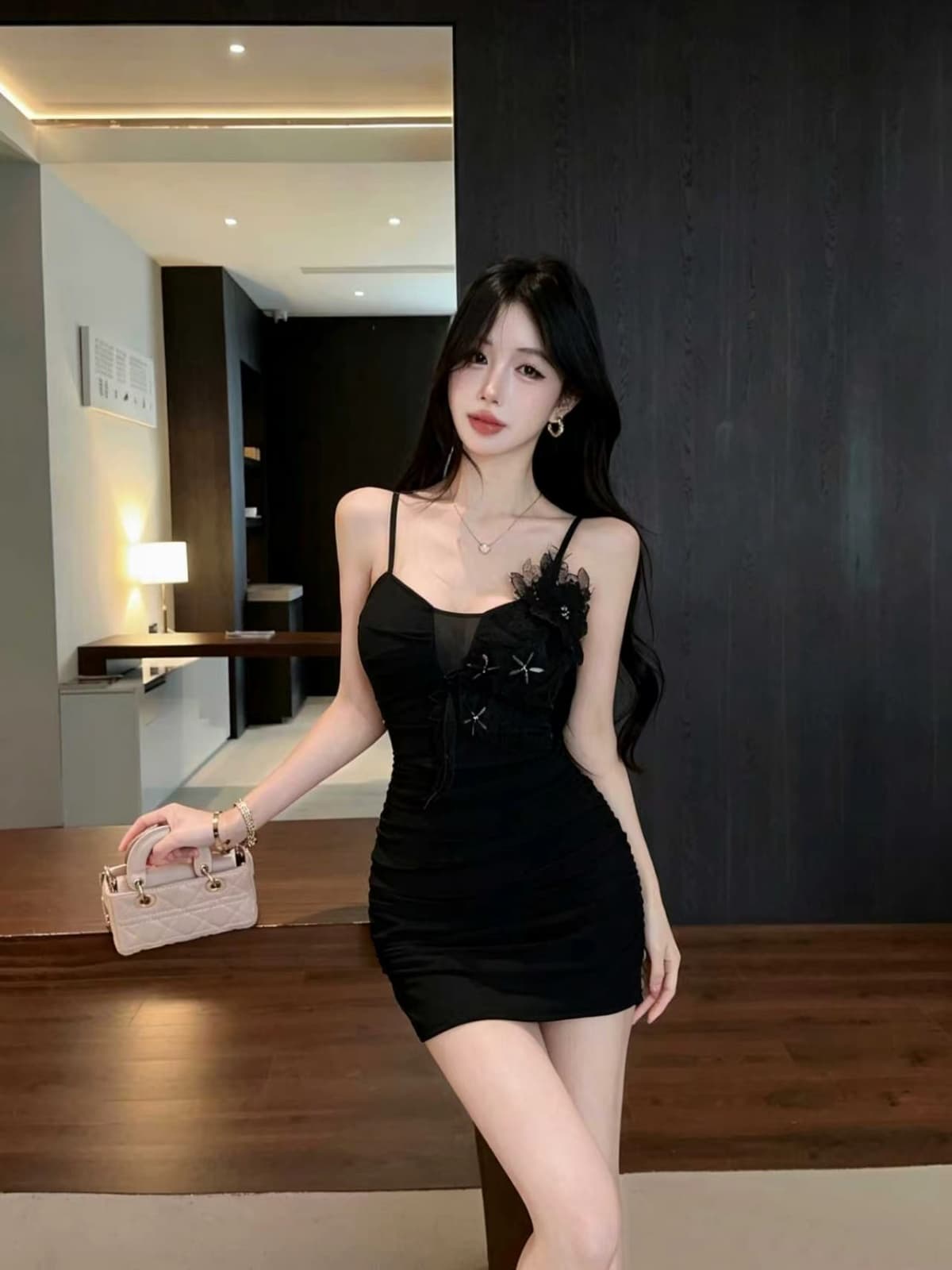 실사 홀로우 아웃 망사 주름 몸매 가꾸기 슬림해 보이는 타이트 스커트 슬립 드레스 미니 스커트 상세 이미지 15