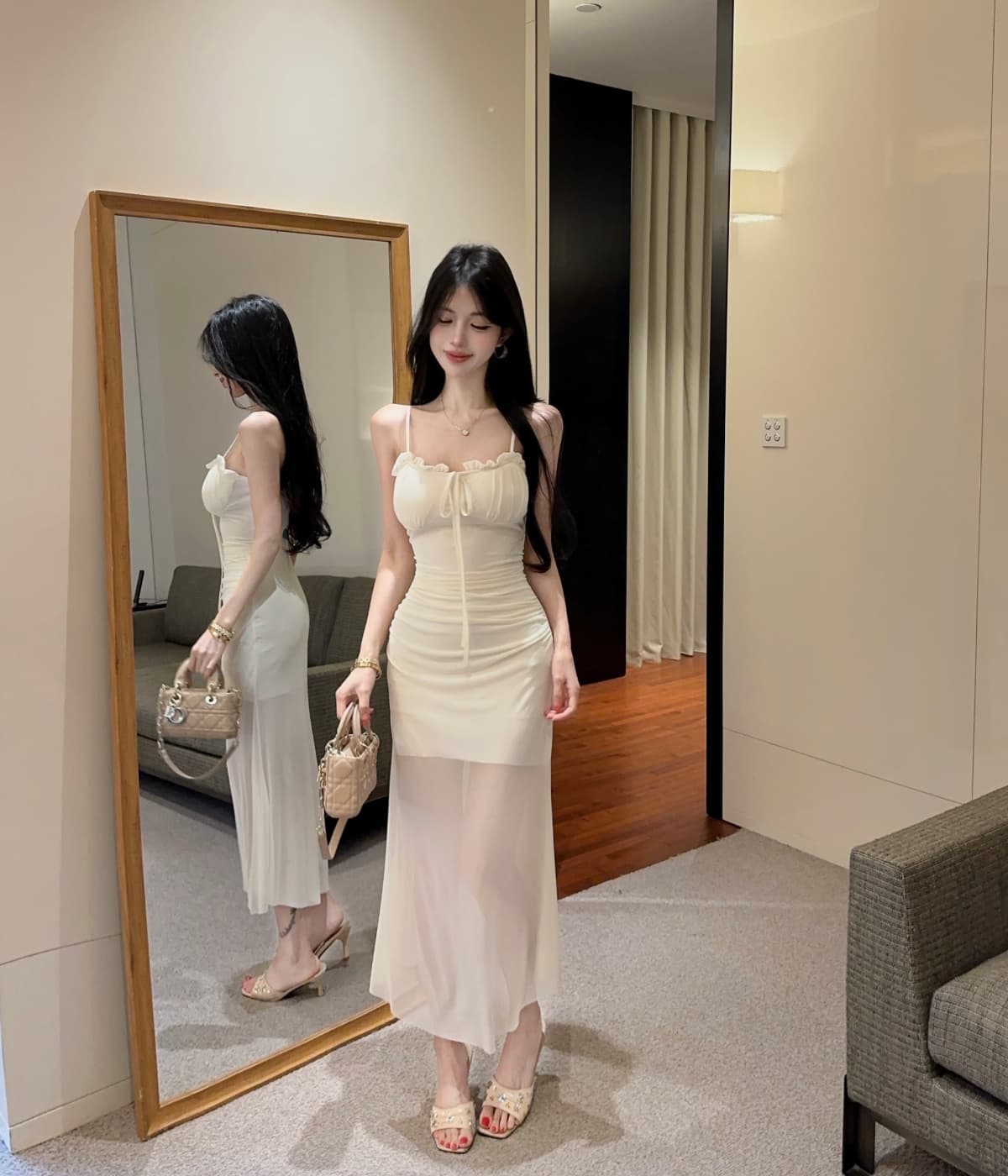 실사 품격 명문 여성 패션 디자인 센스 망사 허리 수축 롱 스커트 섹시함 백리스 달콤함 슬립 점프 슈트 상세 이미지 15