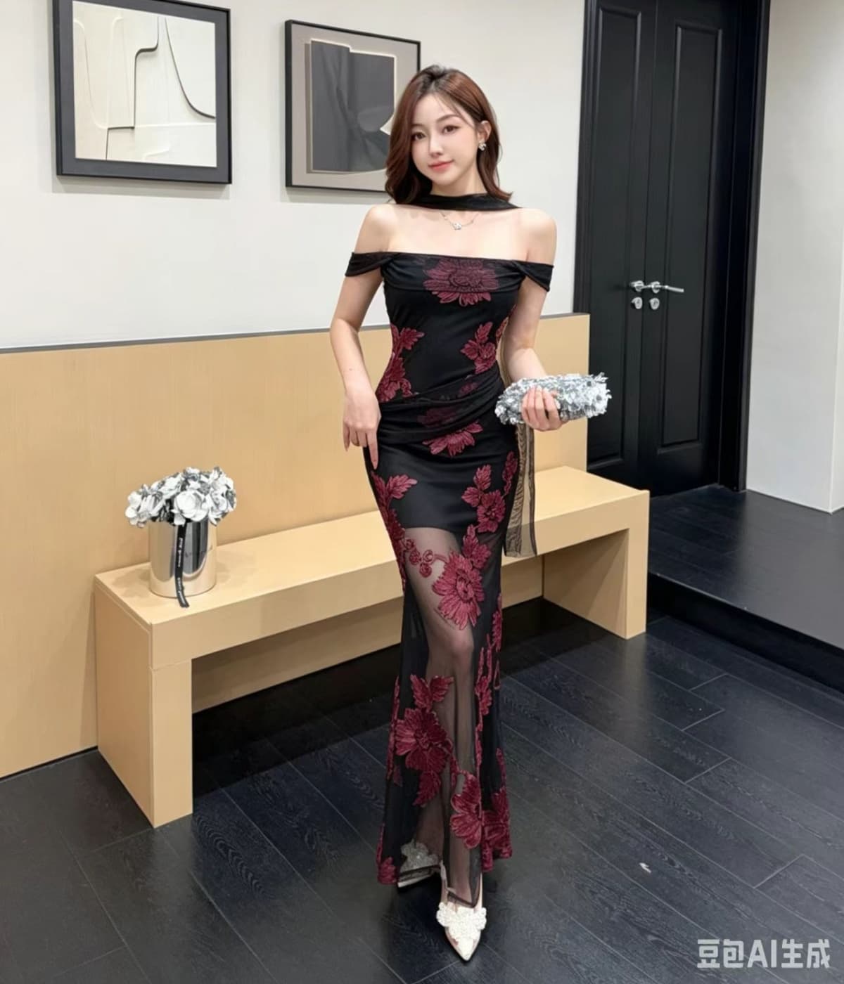 실사 섹시함 자수 몸매 가꾸기 타이트 스커트 백리스 레이스업 품격 드레스 생일 연례 회의 예복 치마