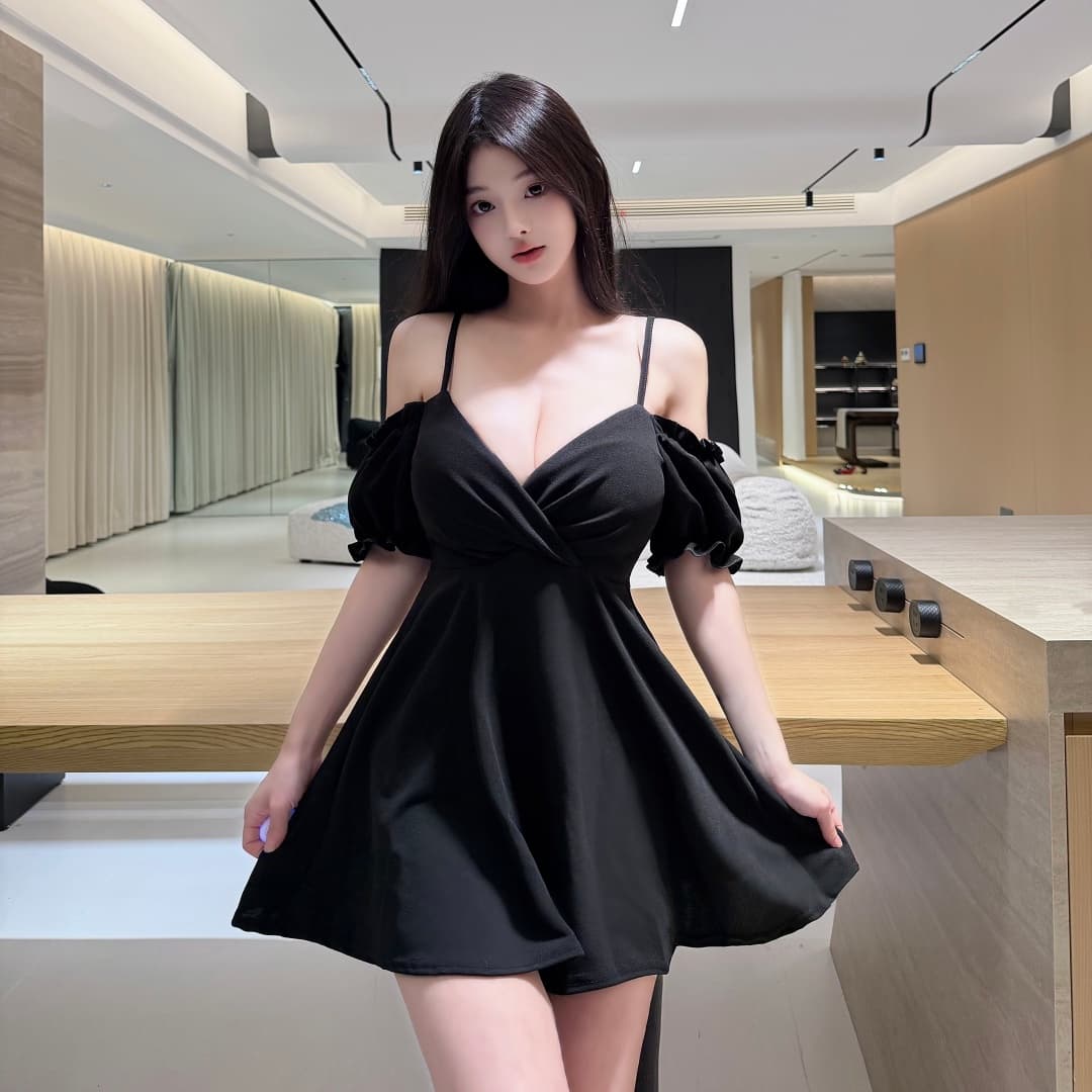 실사 섹시함 낮은 네크라인 오프숄더 반팔 큰 진자 허리 수축 드레스