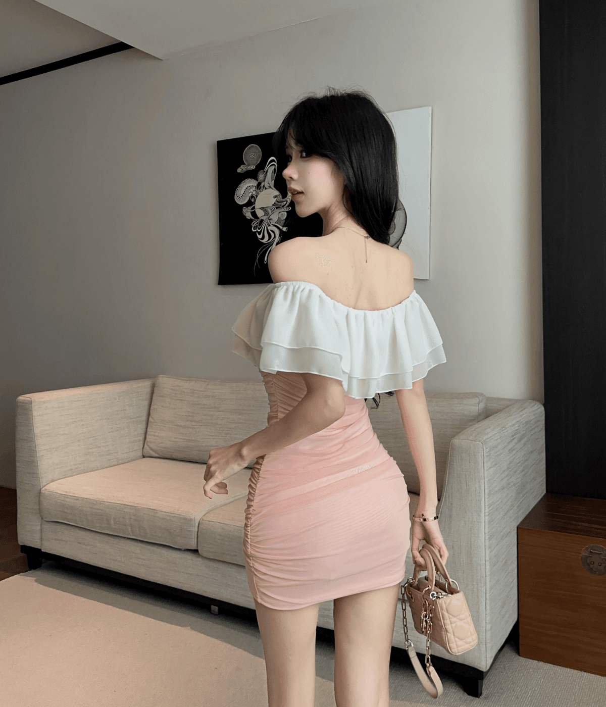 실사 섹시함 프릴 오프숄더 보트넥 타이트 타이트 스커트 만나는 면 소재 드레스 상세 이미지 5