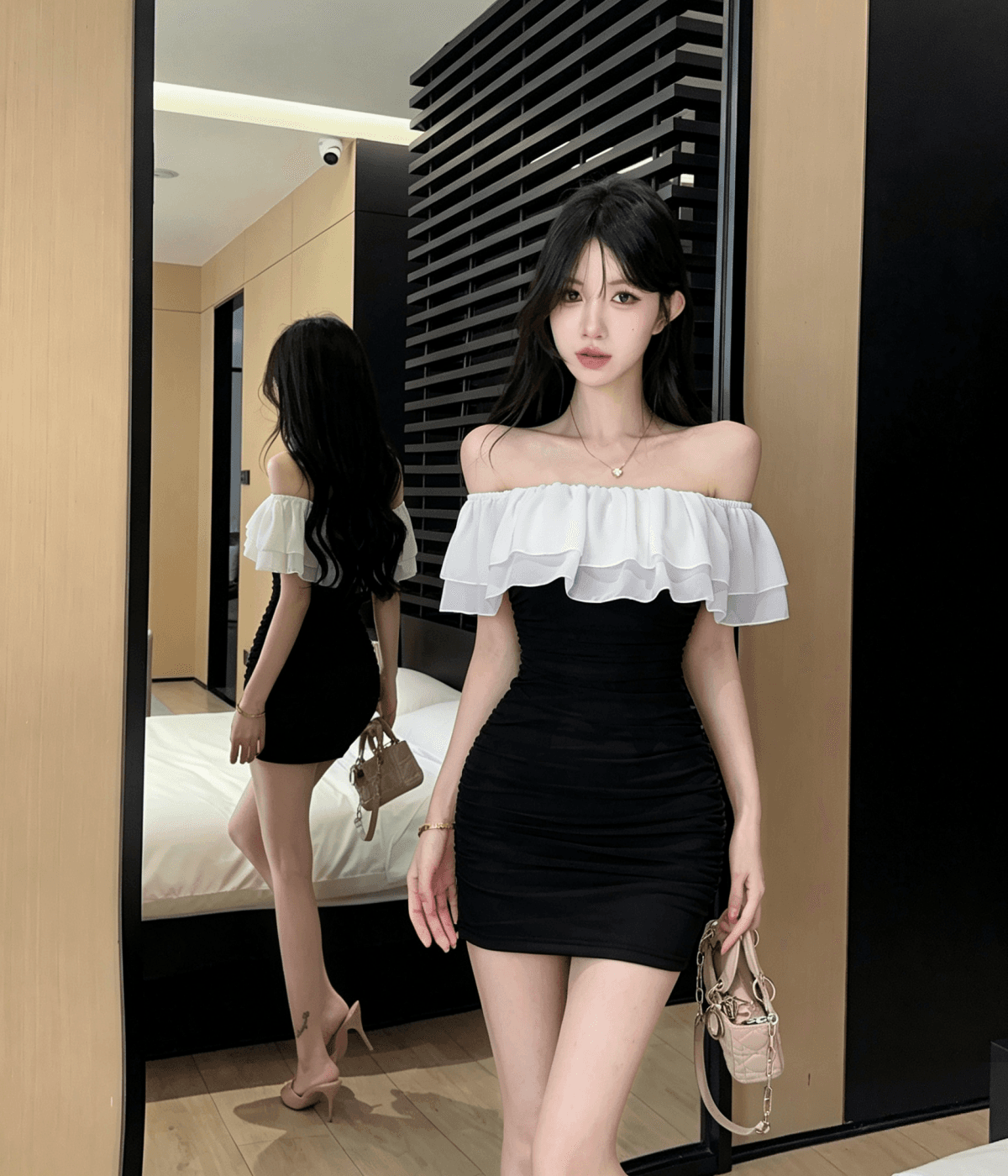실사 섹시함 프릴 오프숄더 보트넥 타이트 타이트 스커트 만나는 면 소재 드레스 상세 이미지 9