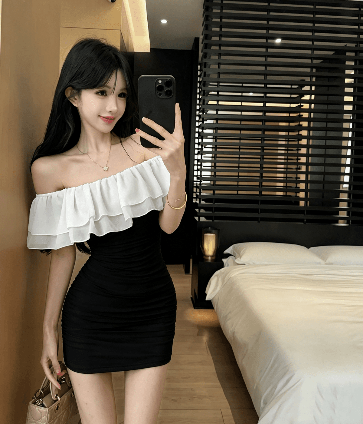 실사 섹시함 프릴 오프숄더 보트넥 타이트 타이트 스커트 만나는 면 소재 드레스 상세 이미지 11