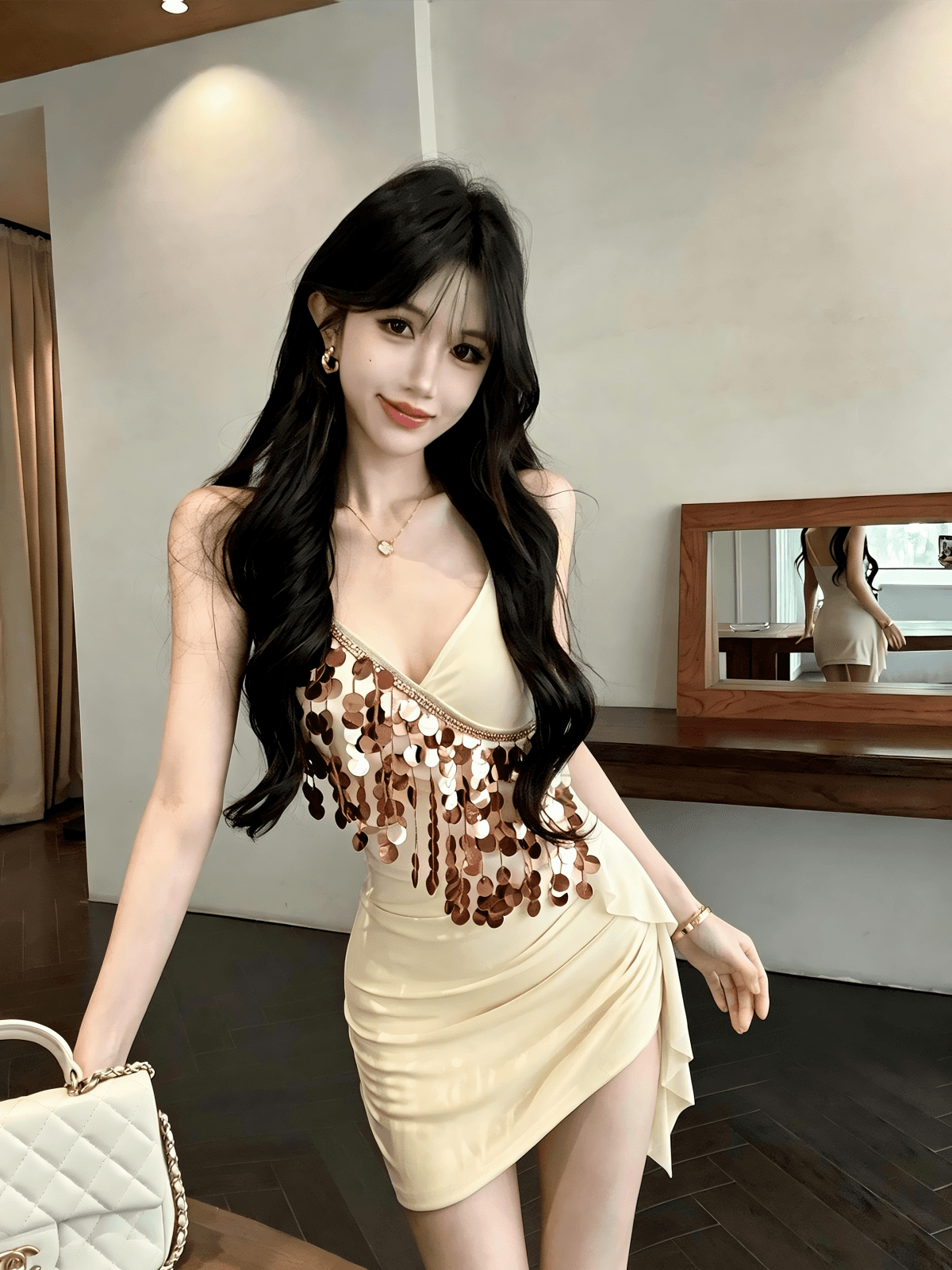 실사 불규칙 디자인 센스 순수한 욕망 바람 타이트 스커트 미니 스커트 패션 섹시함 핫걸 스팽글 술 패치워크 상세 이미지 3