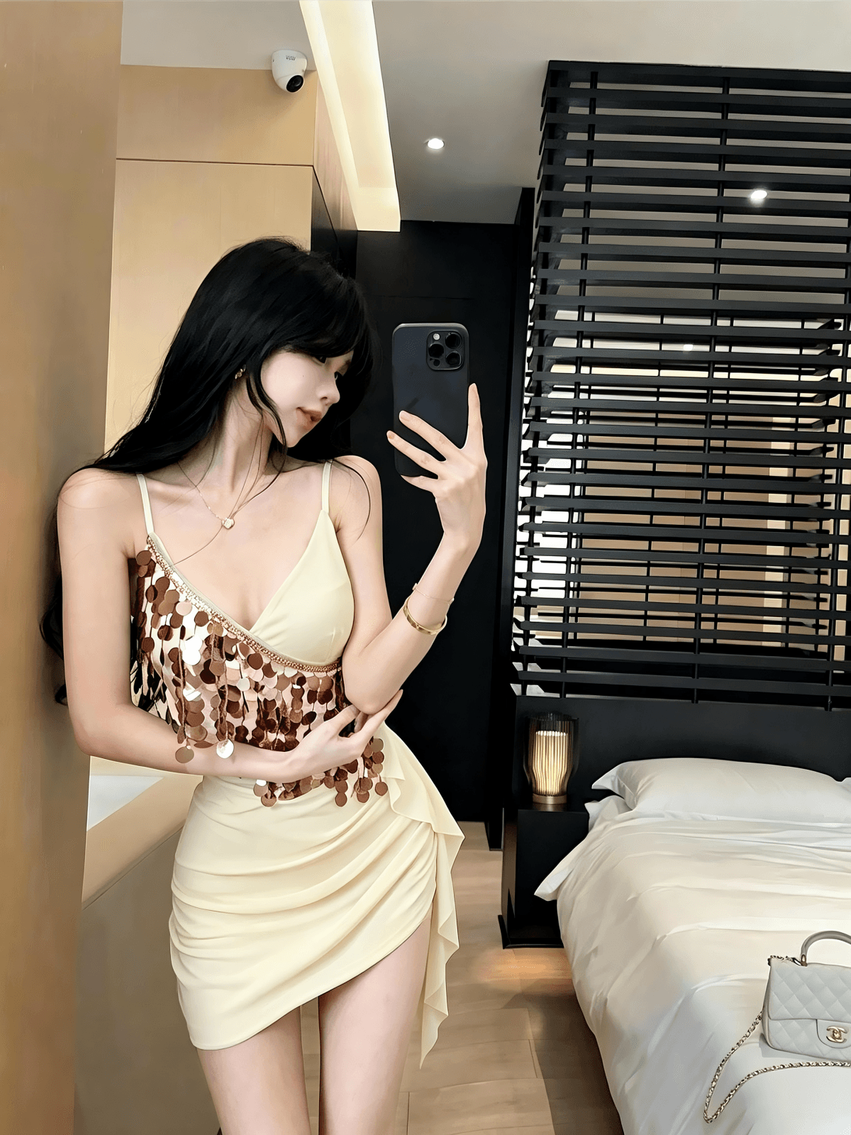 실사 불규칙 디자인 센스 순수한 욕망 바람 타이트 스커트 미니 스커트 패션 섹시함 핫걸 스팽글 술 패치워크 상세 이미지 4