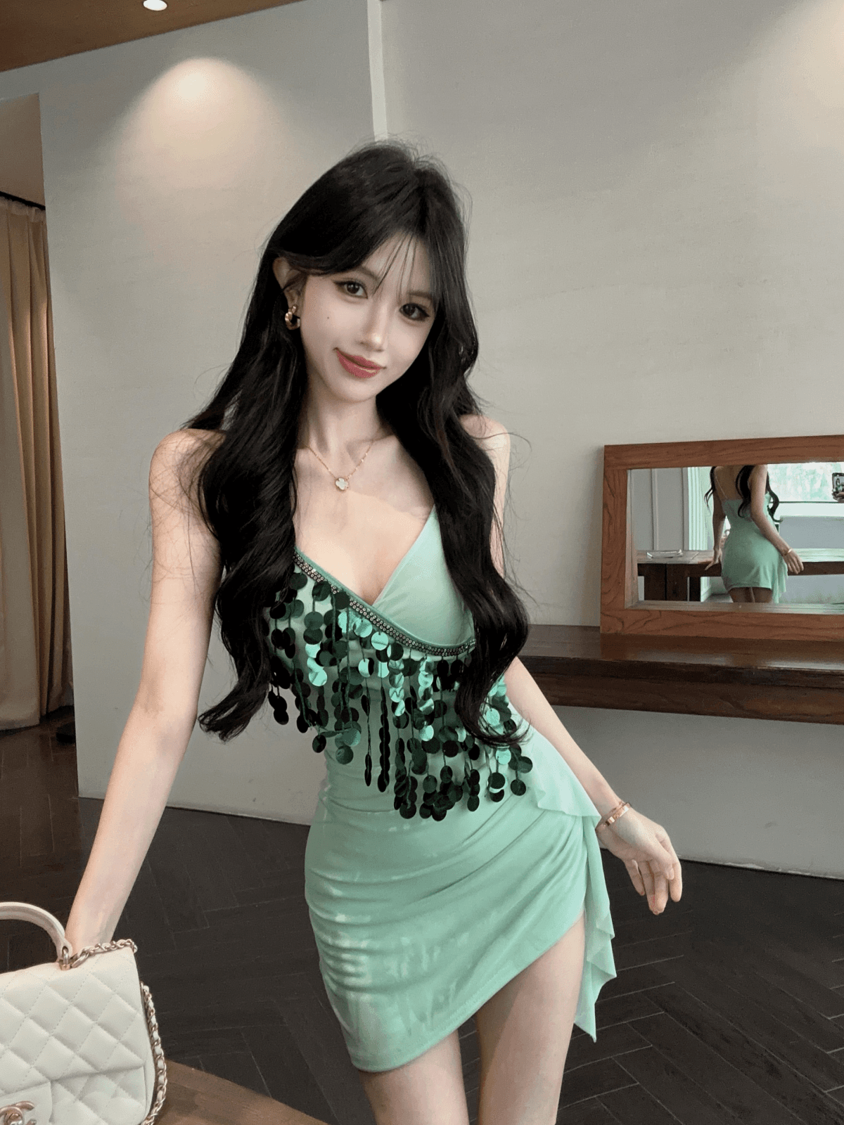 실사 불규칙 디자인 센스 순수한 욕망 바람 타이트 스커트 미니 스커트 패션 섹시함 핫걸 스팽글 술 패치워크 상세 이미지 14