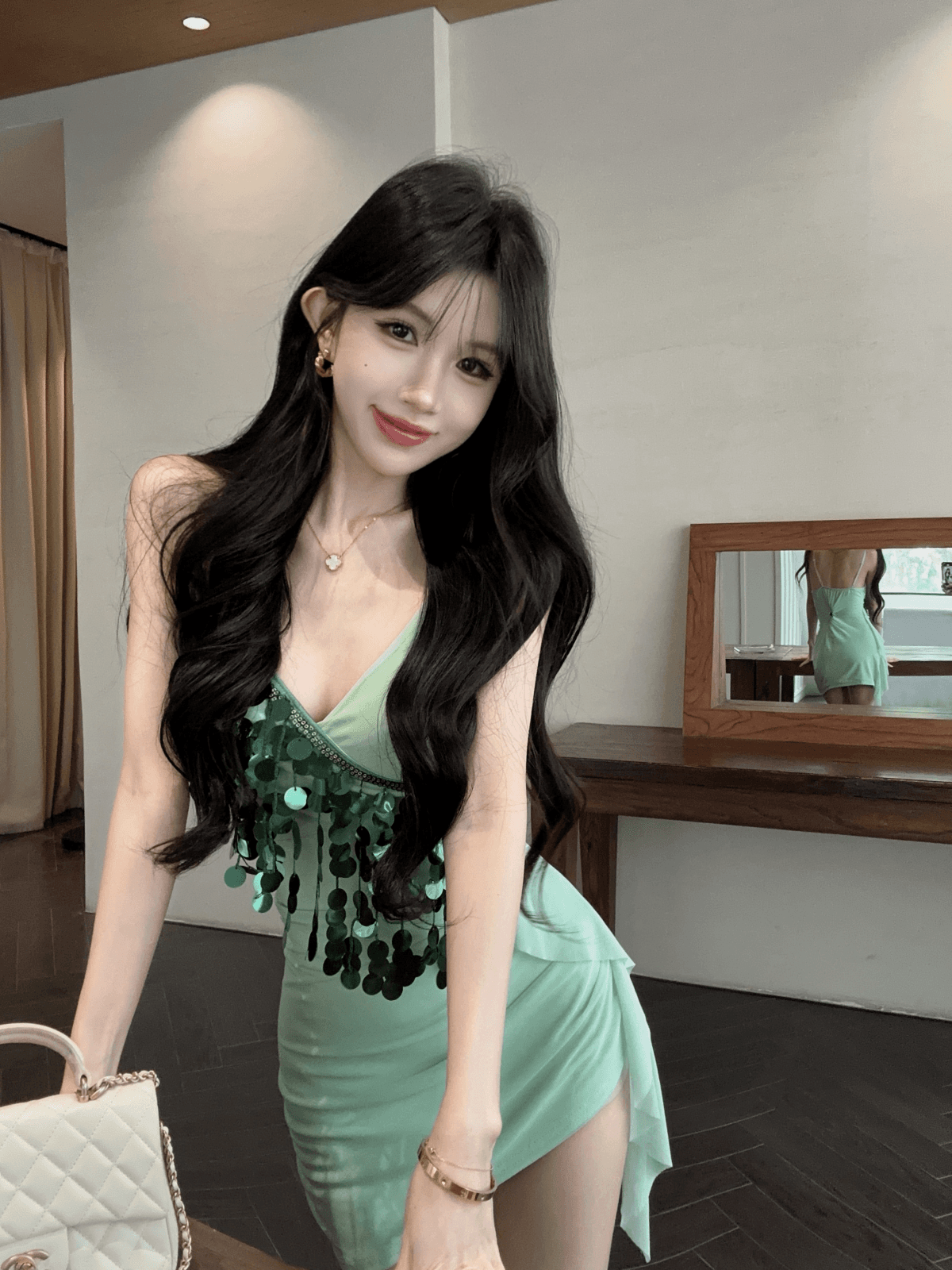 실사 불규칙 디자인 센스 순수한 욕망 바람 타이트 스커트 미니 스커트 패션 섹시함 핫걸 스팽글 술 패치워크 상세 이미지 16