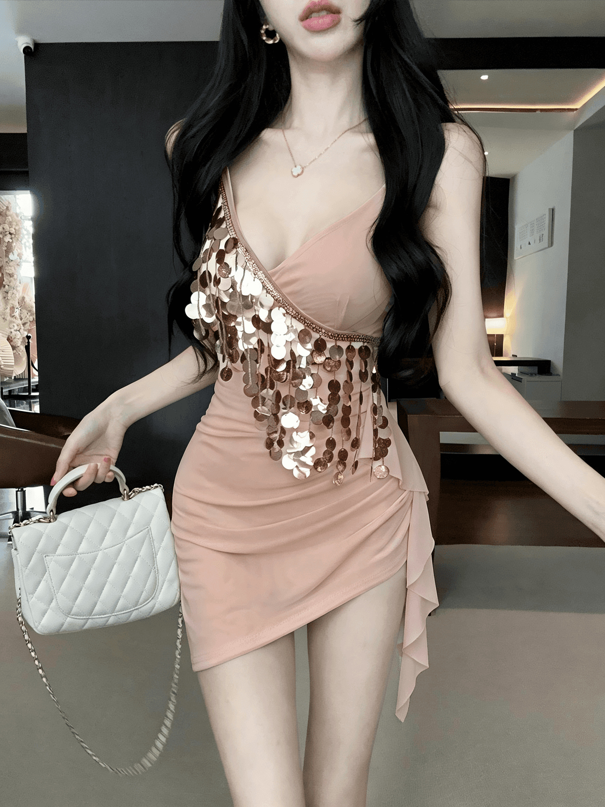 실사 불규칙 디자인 센스 순수한 욕망 바람 타이트 스커트 미니 스커트 패션 섹시함 핫걸 스팽글 술 패치워크 상세 이미지 21