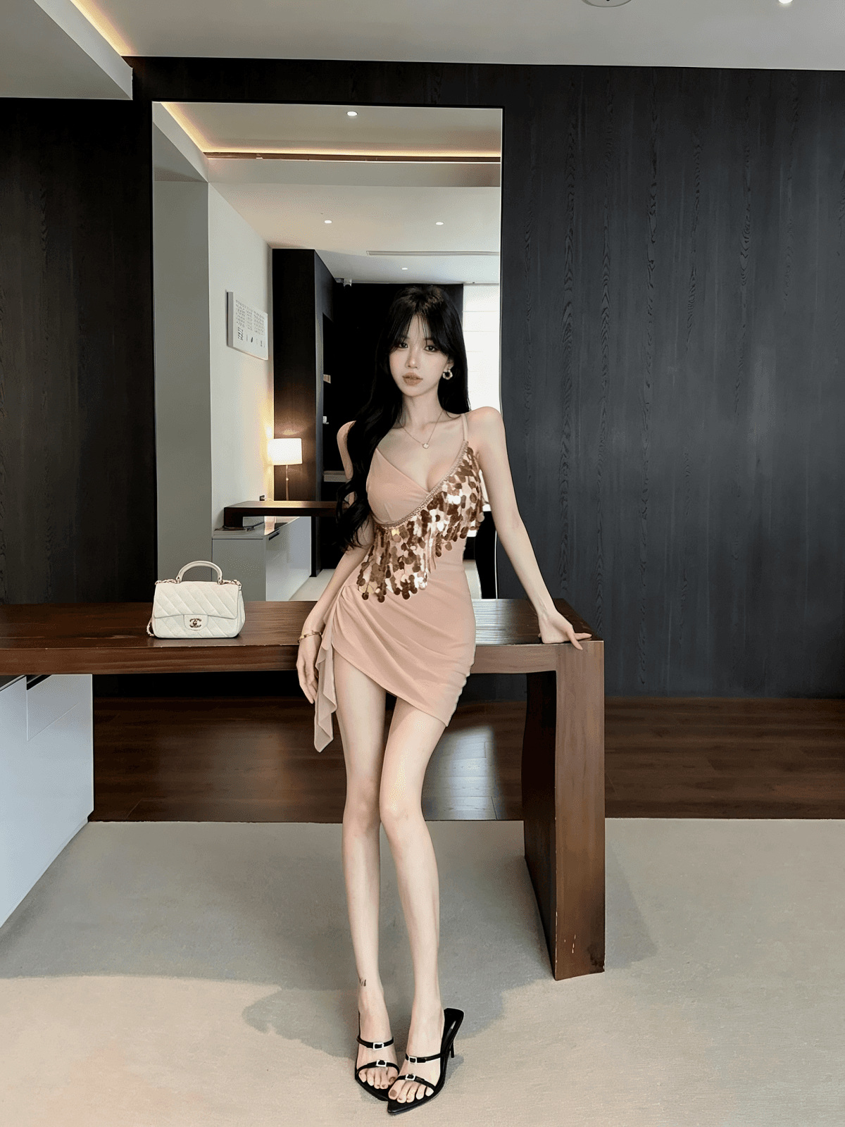 실사 불규칙 디자인 센스 순수한 욕망 바람 타이트 스커트 미니 스커트 패션 섹시함 핫걸 스팽글 술 패치워크 상세 이미지 22