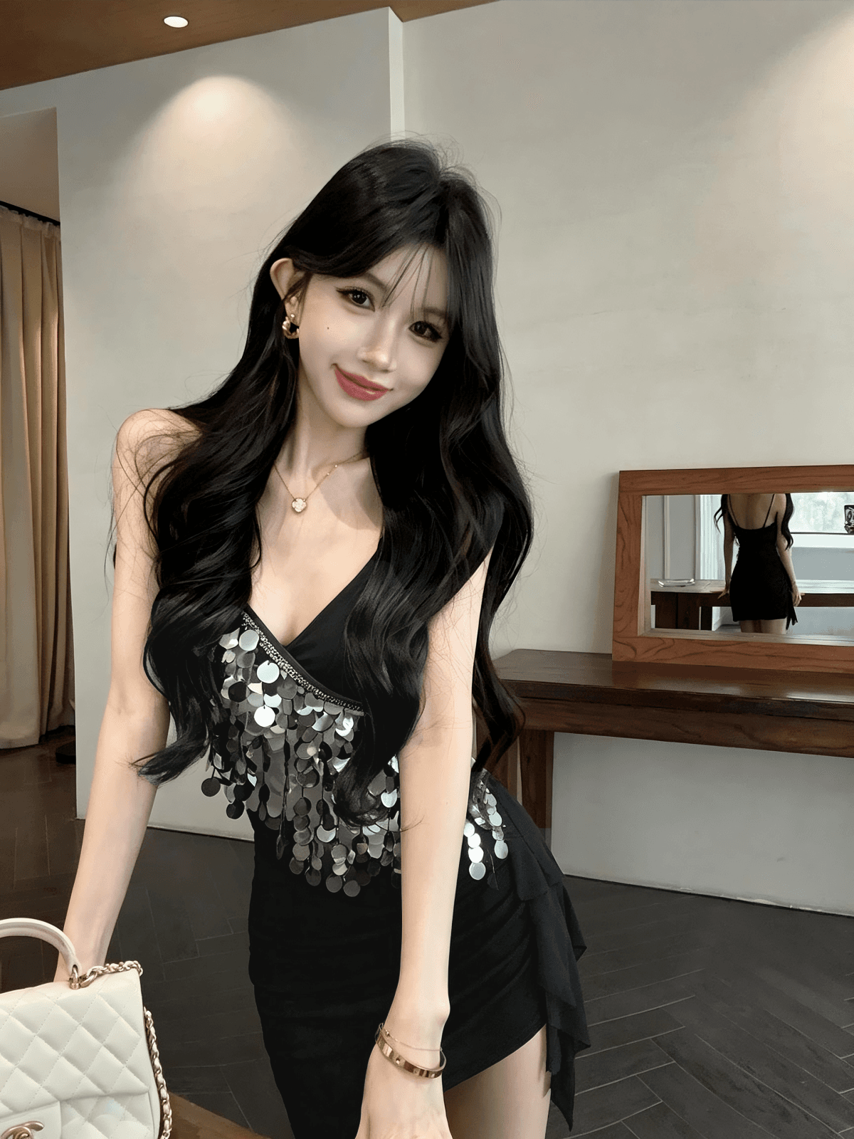 실사 불규칙 디자인 센스 순수한 욕망 바람 타이트 스커트 미니 스커트 패션 섹시함 핫걸 스팽글 술 패치워크 상세 이미지 23