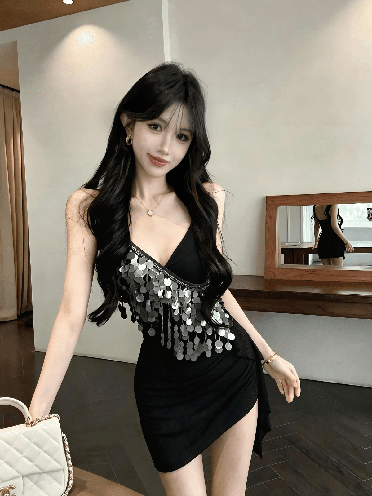 실사 불규칙 디자인 센스 순수한 욕망 바람 타이트 스커트 미니 스커트 패션 섹시함 핫걸 스팽글 술 패치워크 상세 이미지 25