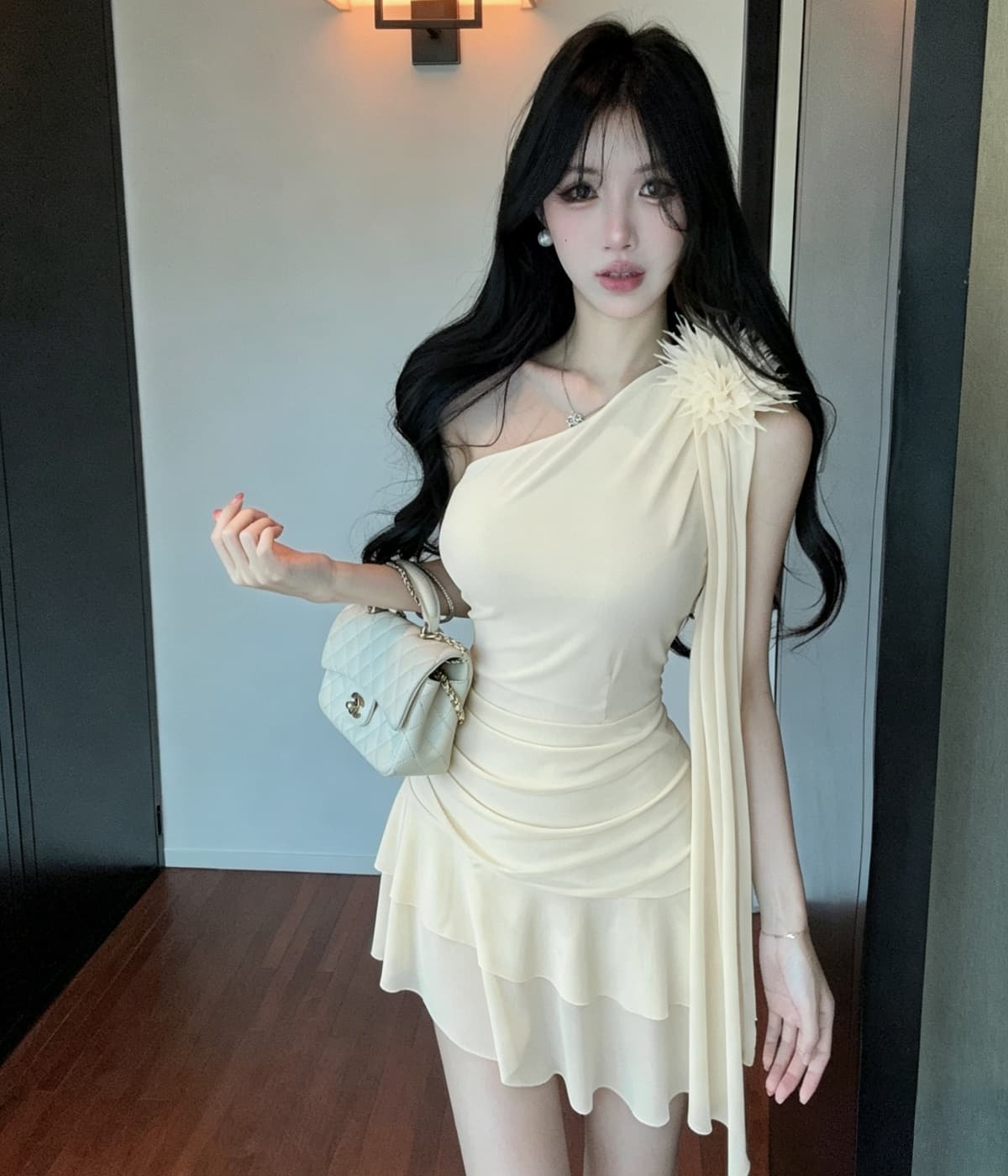 실사 비스듬한 어깨 3 차원 꽃 리본 드레스 허리 주름 허리 수축 패치워크 망사 밑단 핫걸 이미지 2