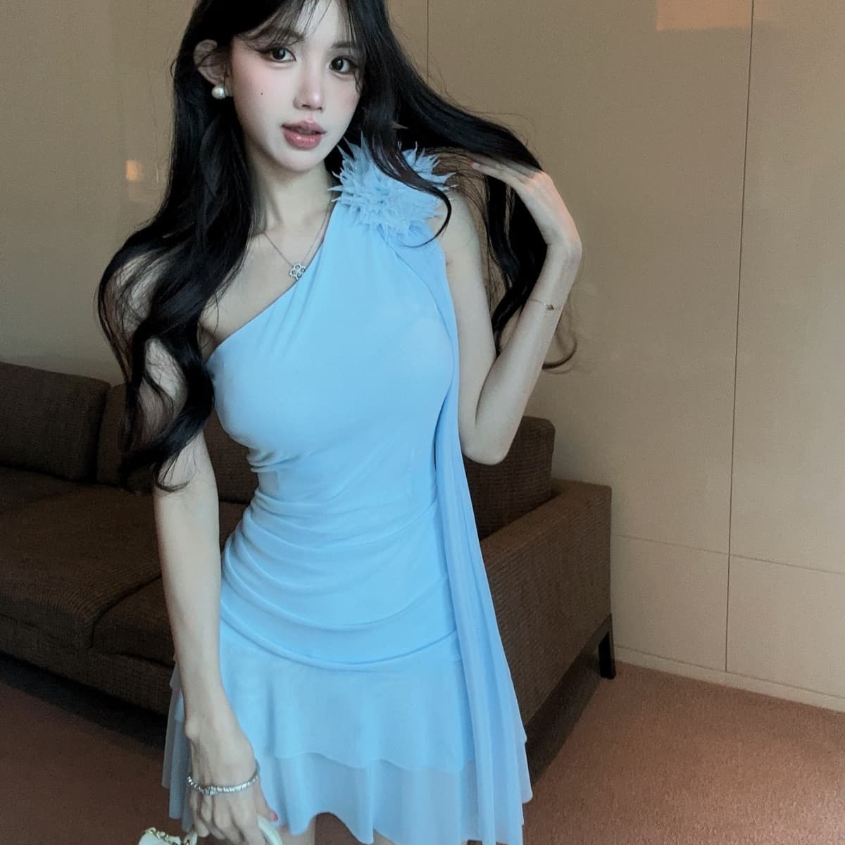 실사 비스듬한 어깨 3 차원 꽃 리본 드레스 허리 주름 허리 수축 패치워크 망사 밑단 핫걸 이미지 5