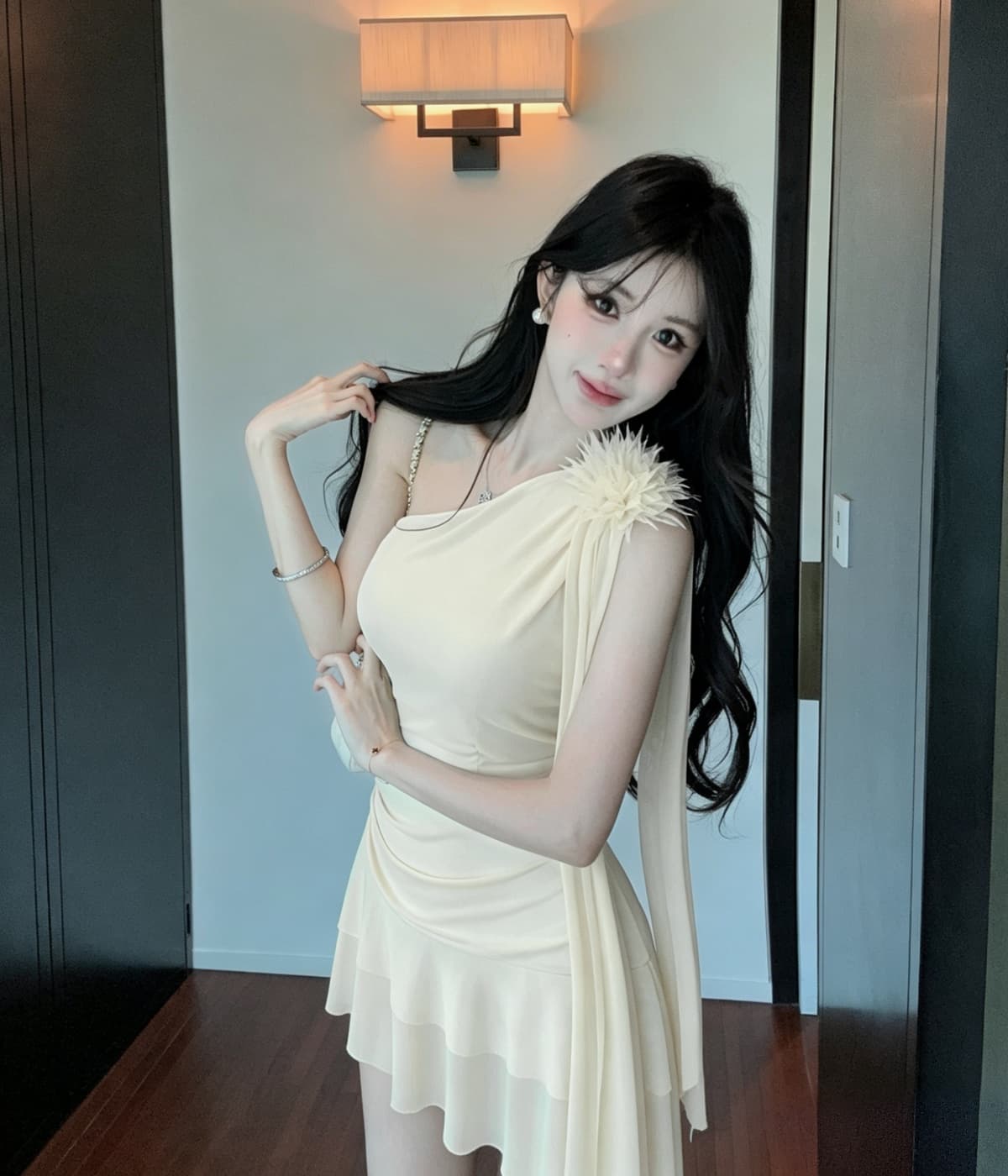 실사 비스듬한 어깨 3 차원 꽃 리본 드레스 허리 주름 허리 수축 패치워크 망사 밑단 핫걸 상세 이미지 4