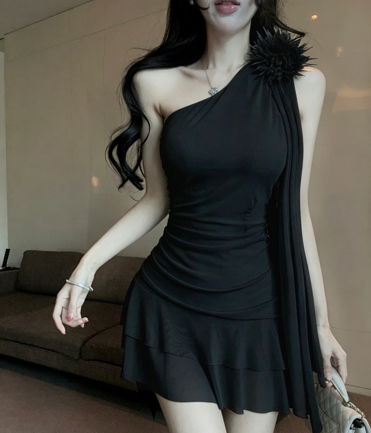 실사 비스듬한 어깨 3 차원 꽃 리본 드레스 허리 주름 허리 수축 패치워크 망사 밑단 핫걸 상세 이미지 6
