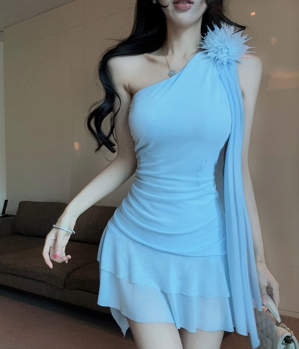 실사 비스듬한 어깨 3 차원 꽃 리본 드레스 허리 주름 허리 수축 패치워크 망사 밑단 핫걸 상세 이미지 10