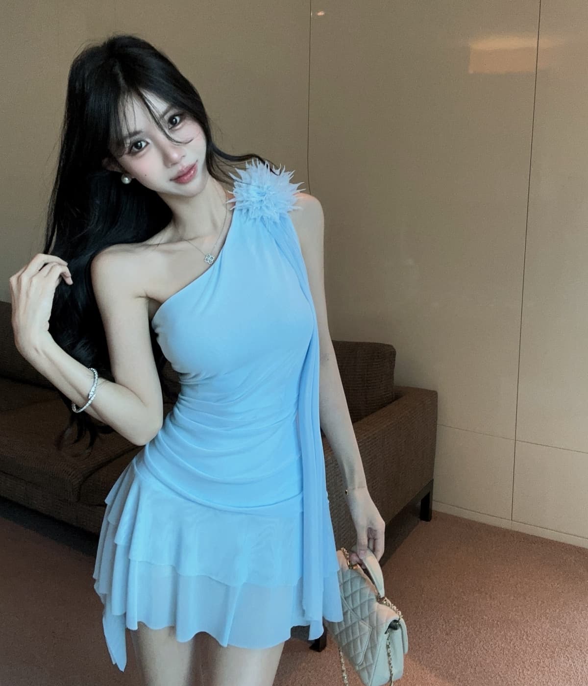 실사 비스듬한 어깨 3 차원 꽃 리본 드레스 허리 주름 허리 수축 패치워크 망사 밑단 핫걸 상세 이미지 14