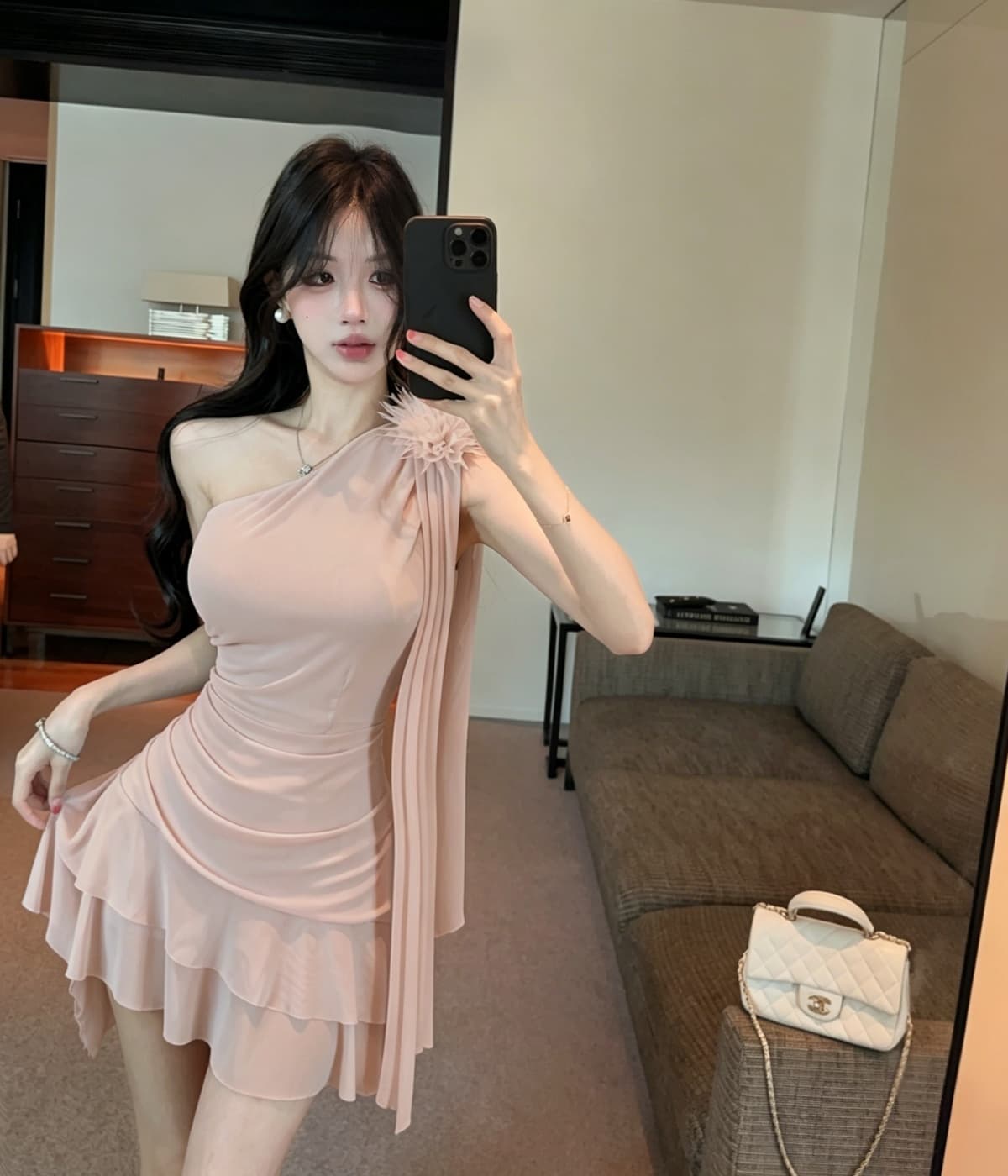 실사 비스듬한 어깨 3 차원 꽃 리본 드레스 허리 주름 허리 수축 패치워크 망사 밑단 핫걸 상세 이미지 23