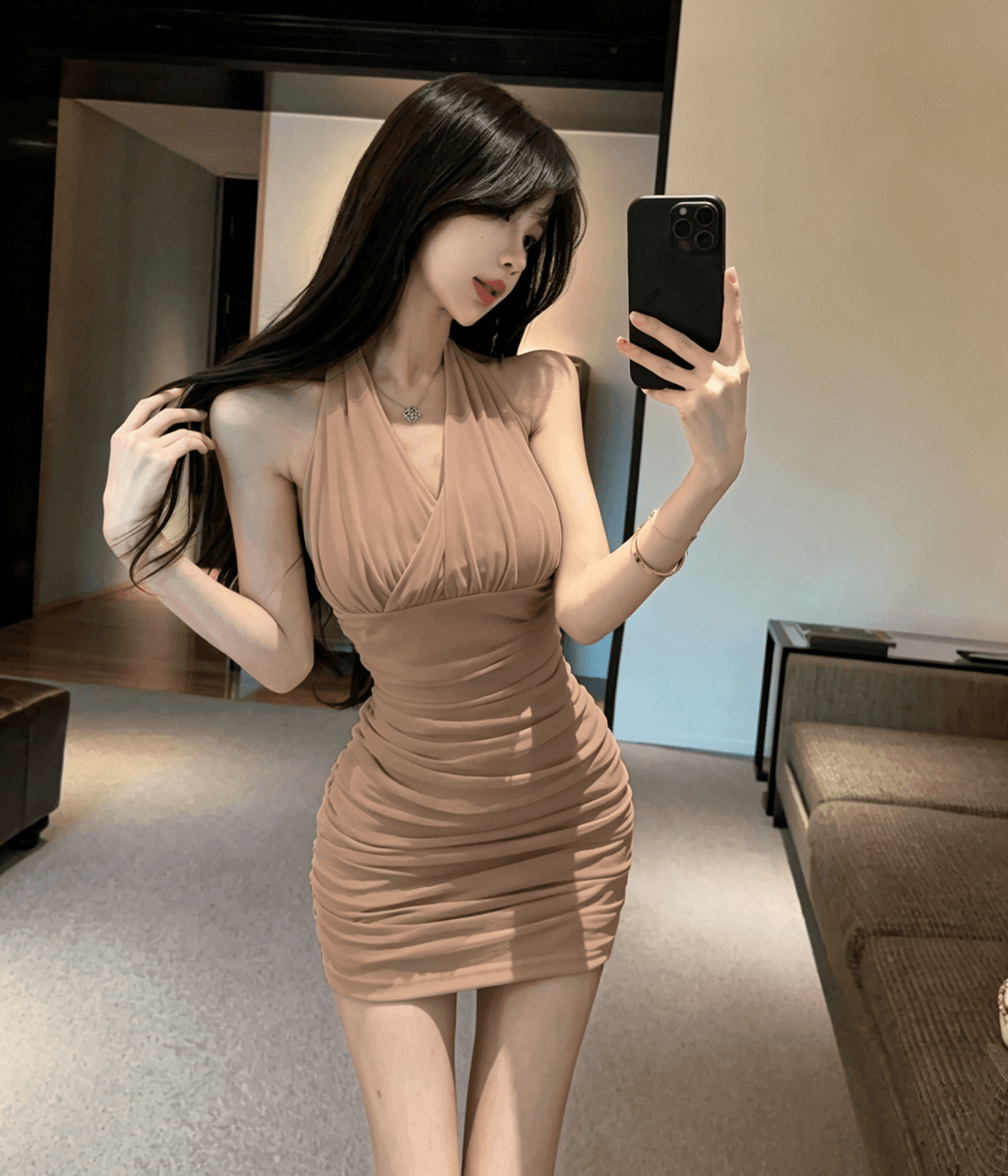 실사 행침 목 심장 기계 순수한 욕망 바람 몸매 가꾸기 타이트 스커트 망사 아름다운 핀치 Pleat 드레스 이미지 2