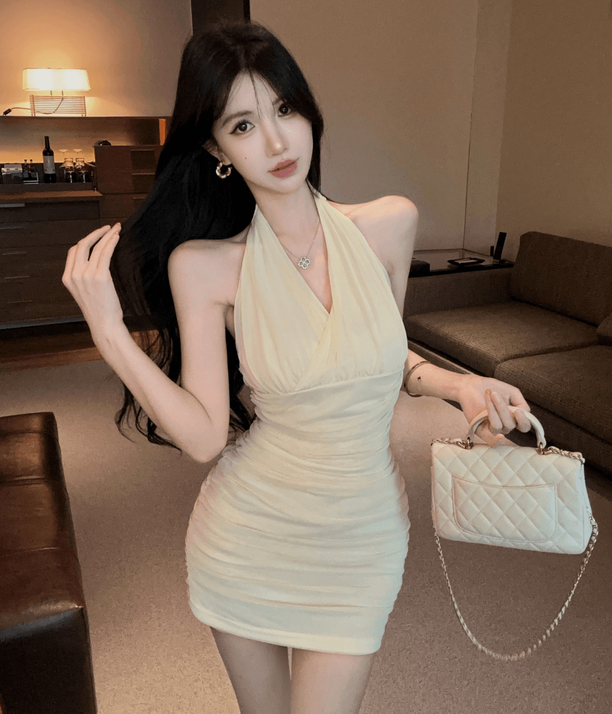 실사 행침 목 심장 기계 순수한 욕망 바람 몸매 가꾸기 타이트 스커트 망사 아름다운 핀치 Pleat 드레스 상세 이미지 6