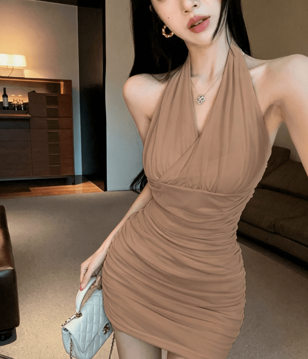 실사 행침 목 심장 기계 순수한 욕망 바람 몸매 가꾸기 타이트 스커트 망사 아름다운 핀치 Pleat 드레스 상세 이미지 12