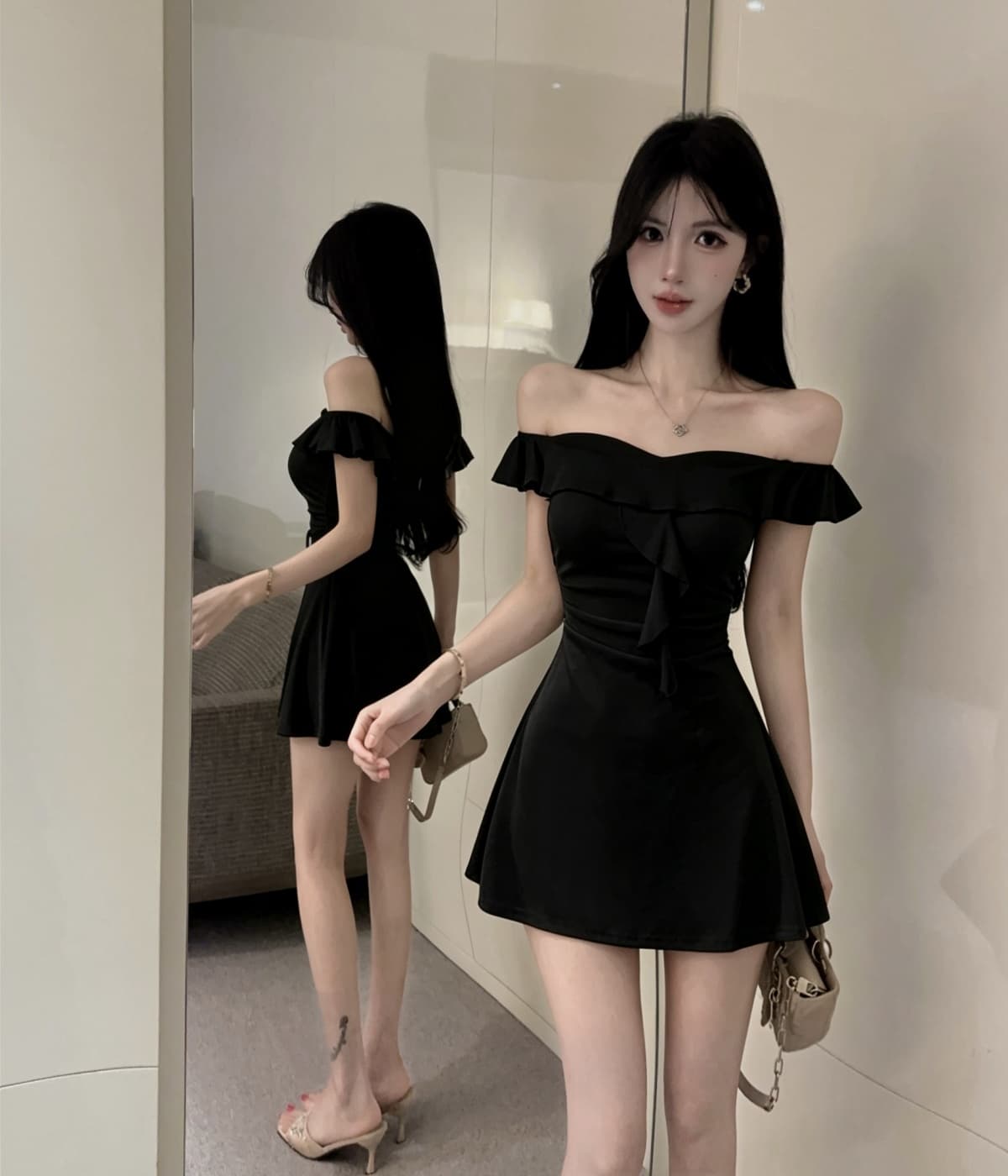 실사 V넥 오프숄더 화이트 여성 드레스 여름 패션 빛 럭셔리 품격 허리 수축 한 마디 미니 스커트 이미지 2