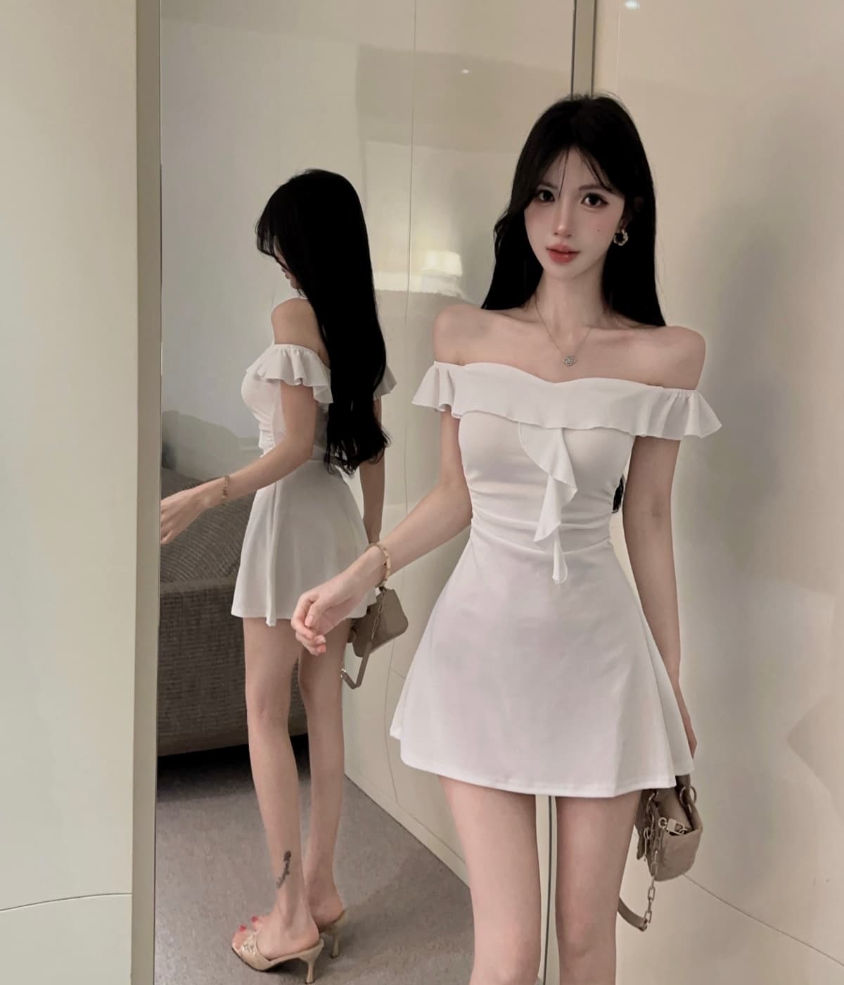 실사 V넥 오프숄더 화이트 여성 드레스 여름 패션 빛 럭셔리 품격 허리 수축 한 마디 미니 스커트 상세 이미지 1