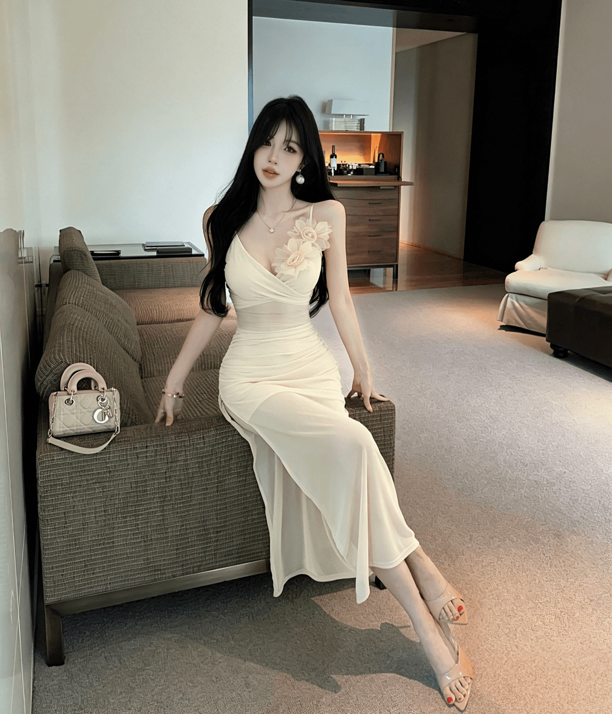 실사 연령 감소 슬립 롱 스커트 건강 클럽 하우스 좋은 리 이브닝 드레스 야간 필드 출근 작업복 상세 이미지 3