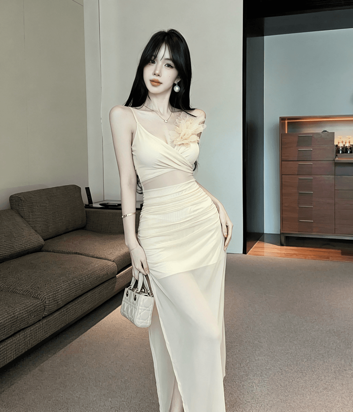실사 연령 감소 슬립 롱 스커트 건강 클럽 하우스 좋은 리 이브닝 드레스 야간 필드 출근 작업복 상세 이미지 5