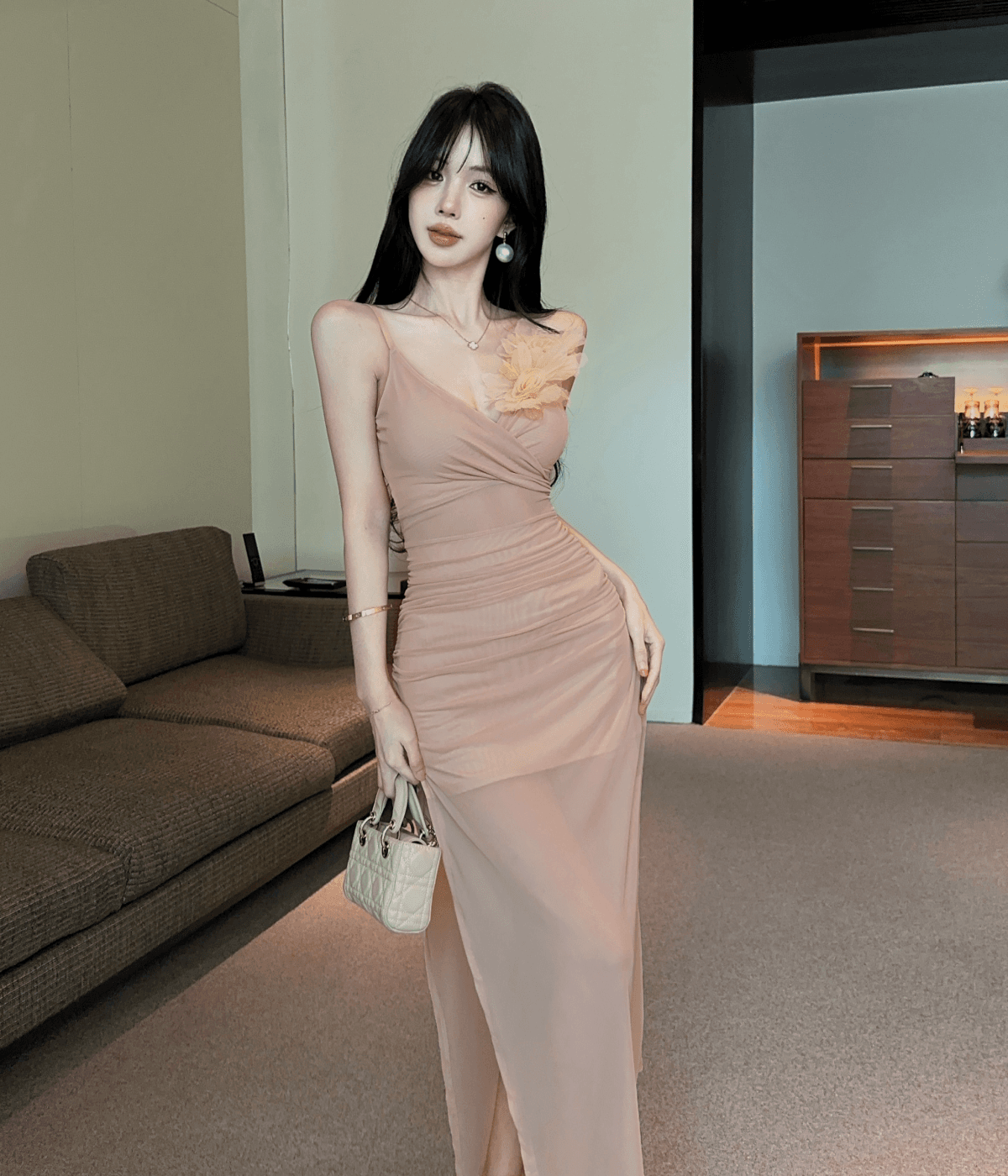 실사 연령 감소 슬립 롱 스커트 건강 클럽 하우스 좋은 리 이브닝 드레스 야간 필드 출근 작업복 상세 이미지 11
