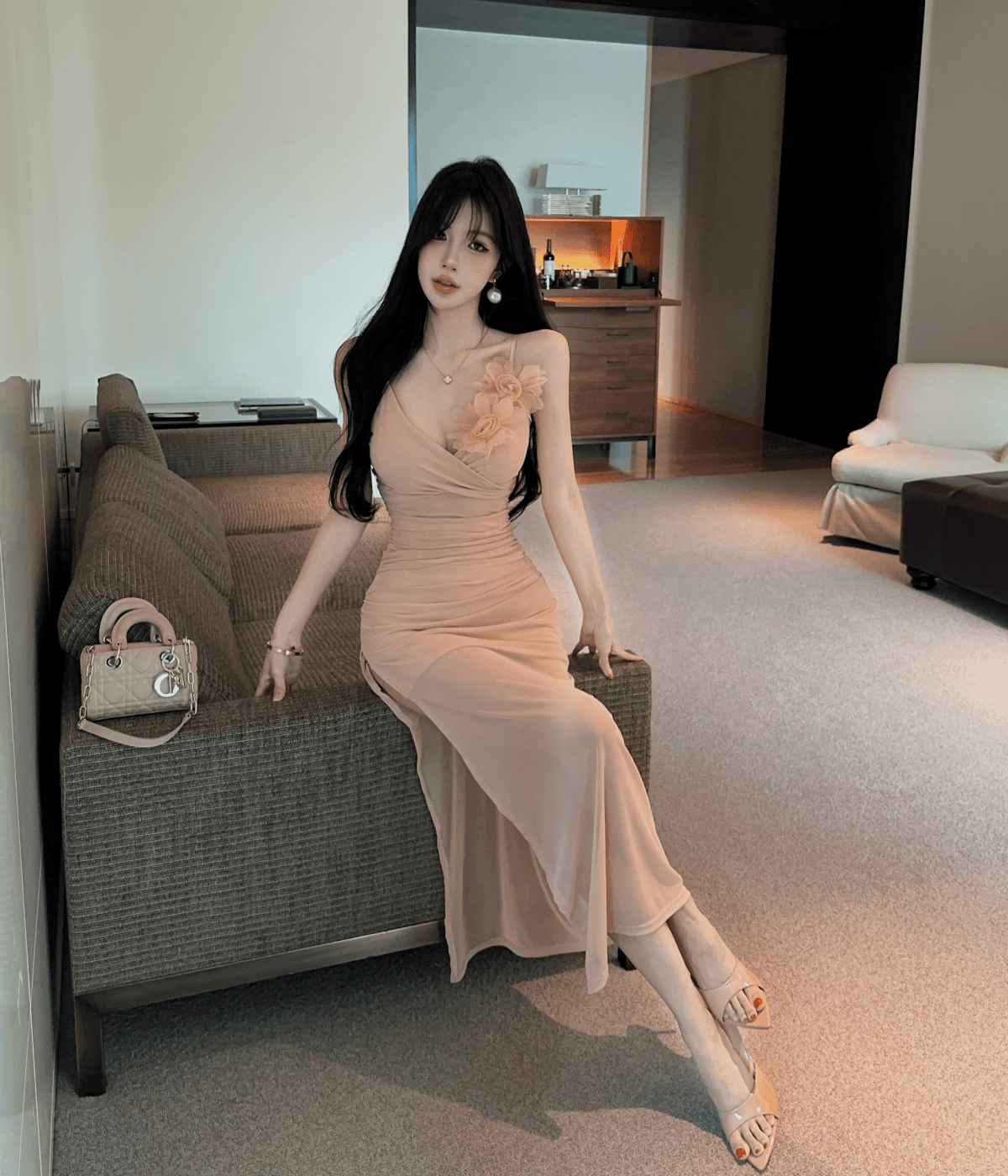 실사 연령 감소 슬립 롱 스커트 건강 클럽 하우스 좋은 리 이브닝 드레스 야간 필드 출근 작업복 상세 이미지 12
