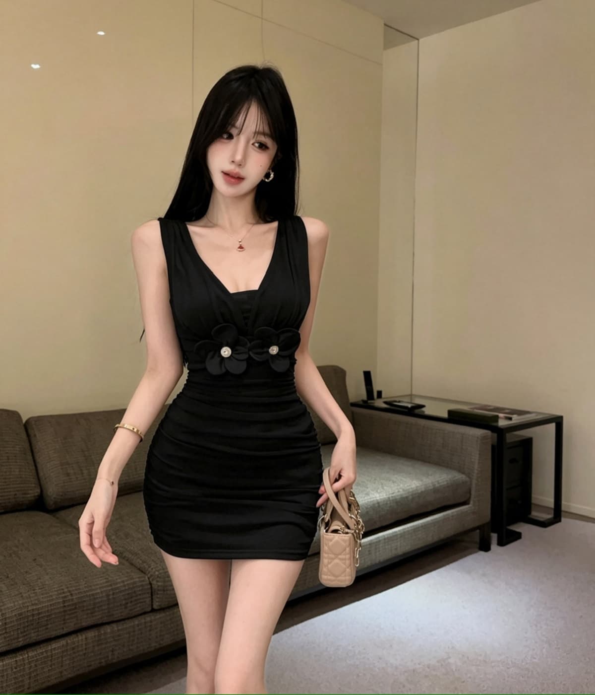 실사 V넥 낮은 가슴 핫걸 섹시함 민소매 망사 조끼 원피스 백리스 순수한 욕망 타이트 미니 스커트 이미지 4