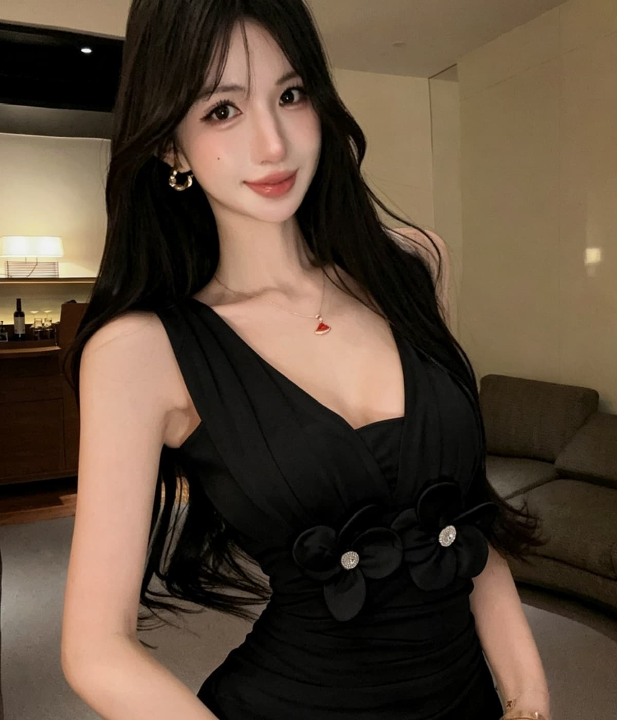 실사 V넥 낮은 가슴 핫걸 섹시함 민소매 망사 조끼 원피스 백리스 순수한 욕망 타이트 미니 스커트 상세 이미지 3