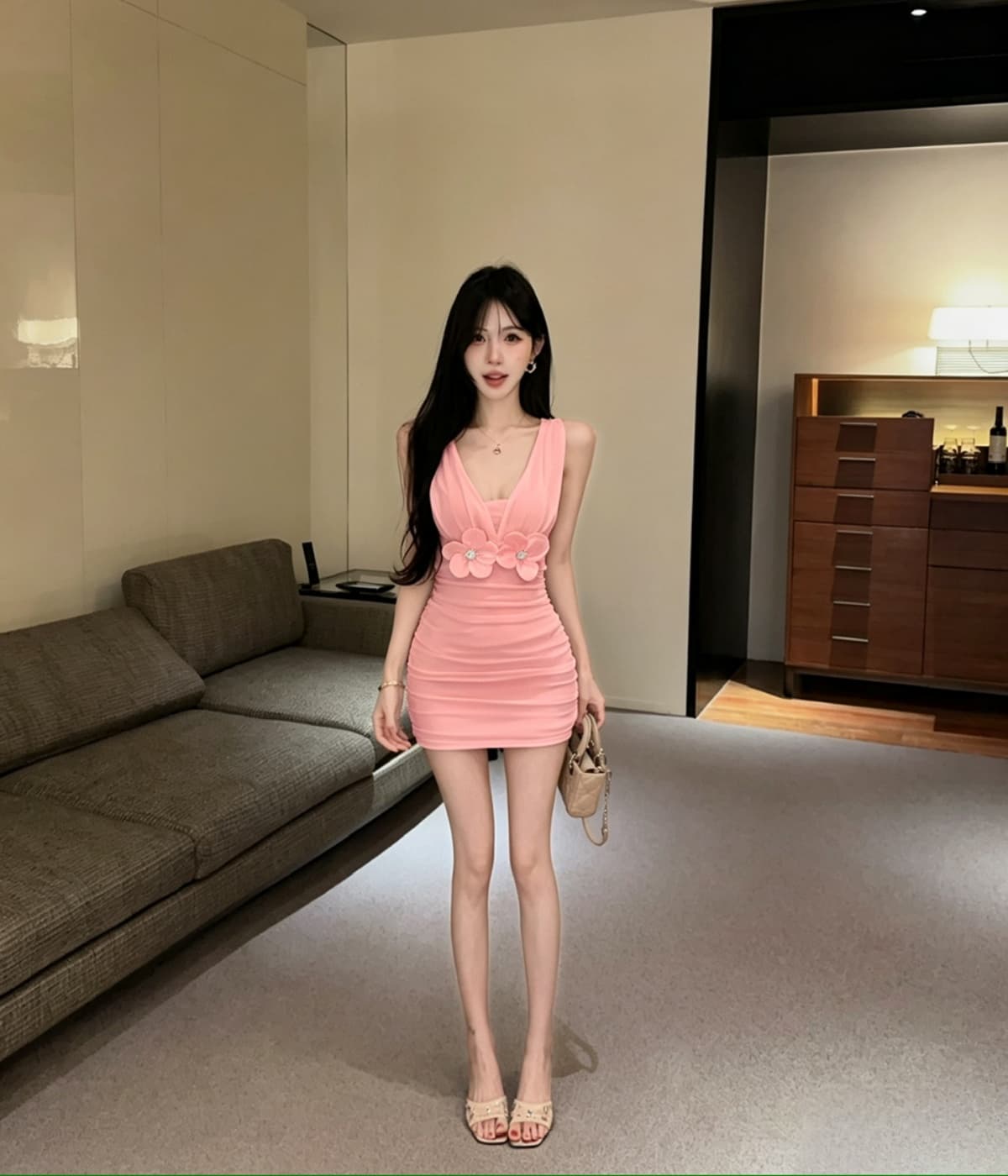 실사 V넥 낮은 가슴 핫걸 섹시함 민소매 망사 조끼 원피스 백리스 순수한 욕망 타이트 미니 스커트 상세 이미지 17