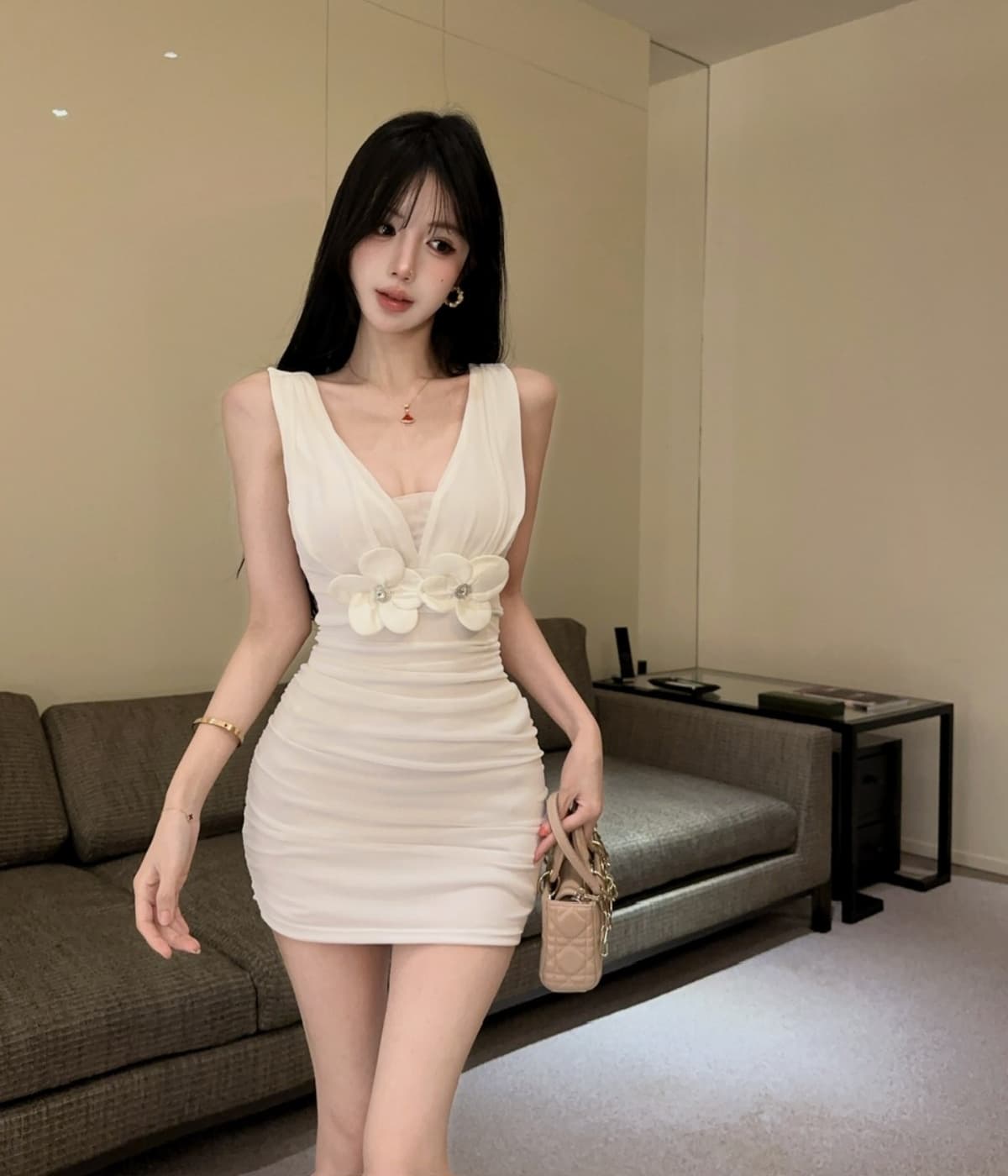 실사 V넥 낮은 가슴 핫걸 섹시함 민소매 망사 조끼 원피스 백리스 순수한 욕망 타이트 미니 스커트 상세 이미지 34